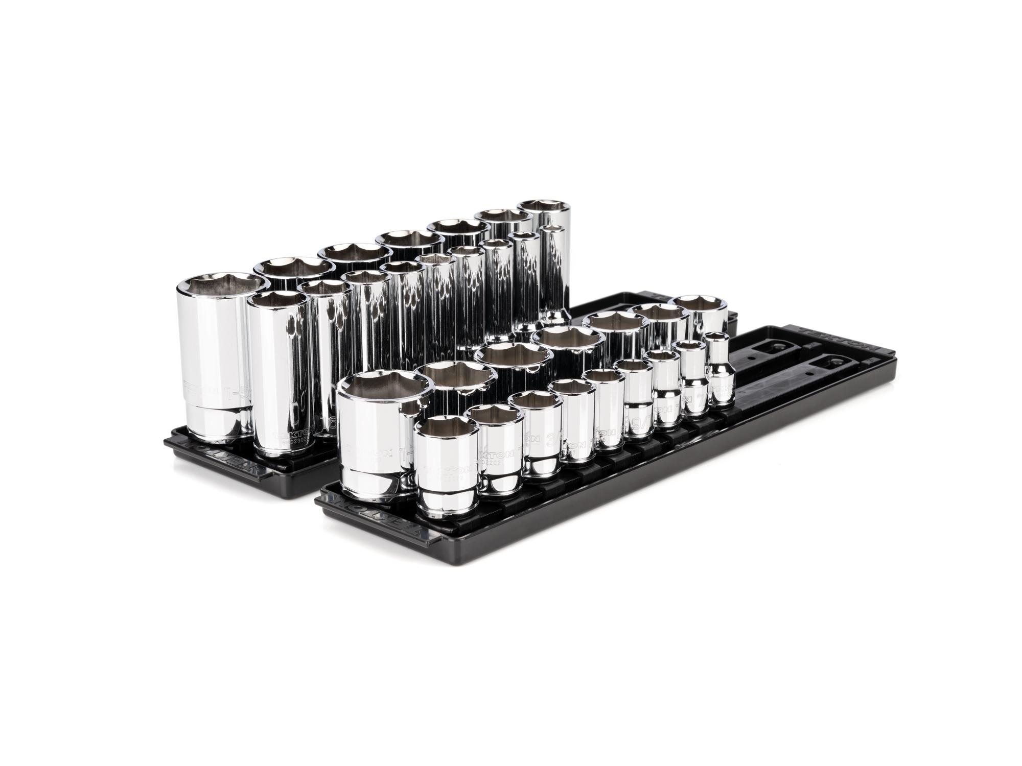Front-right angle view of Tekton rail hand drive 6-point socket set. Item #SHD92205