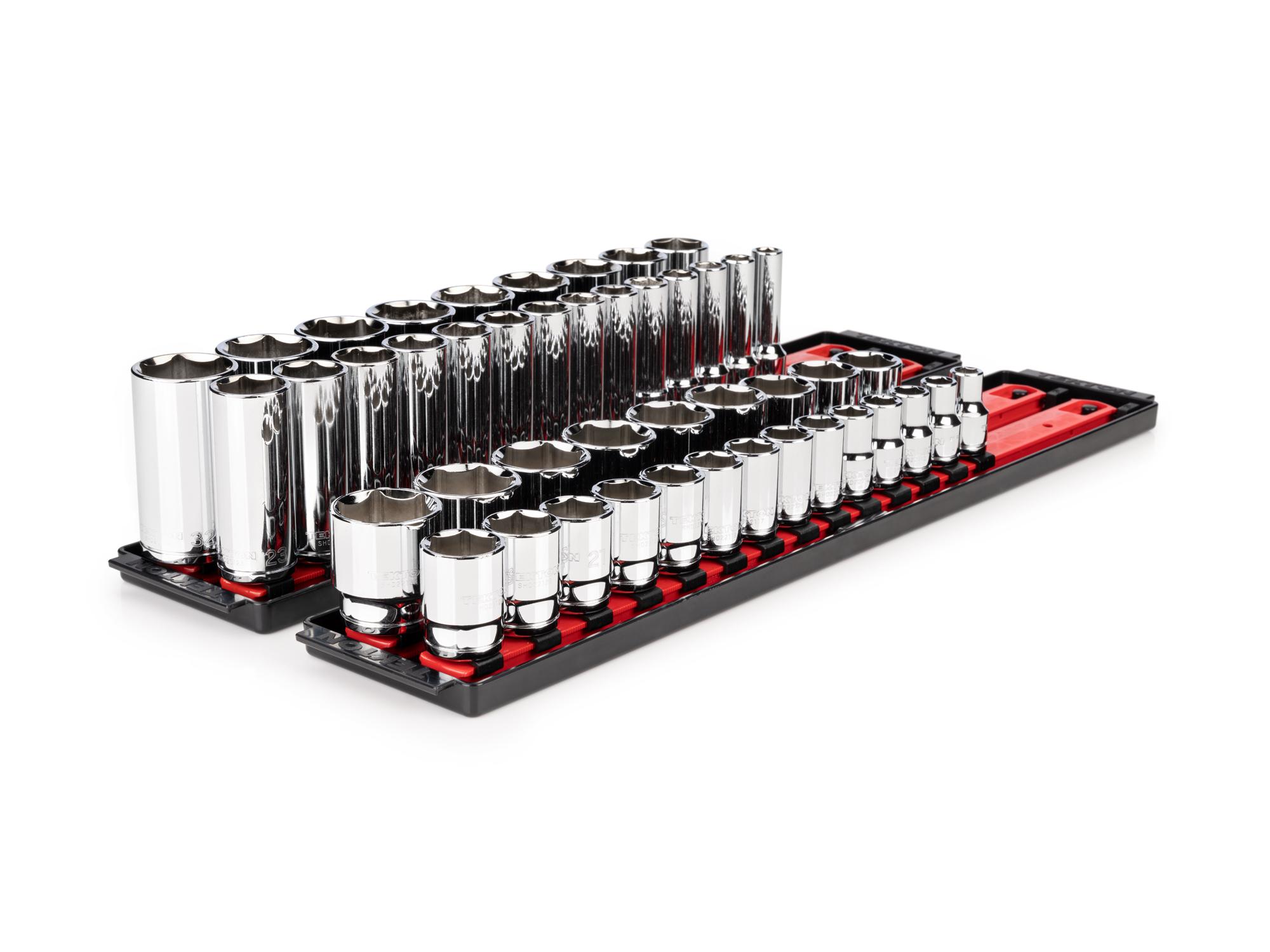 Front-right angle view of Tekton rail hand drive 6-point socket set. Item #SHD92207