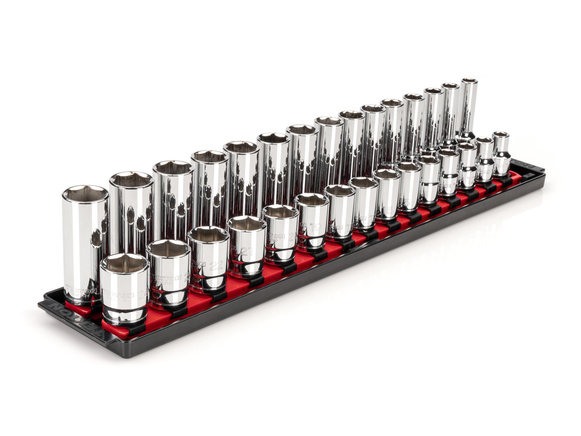 Front-right angle view of Tekton rail hand drive 6-point socket set. Item #SHD92211