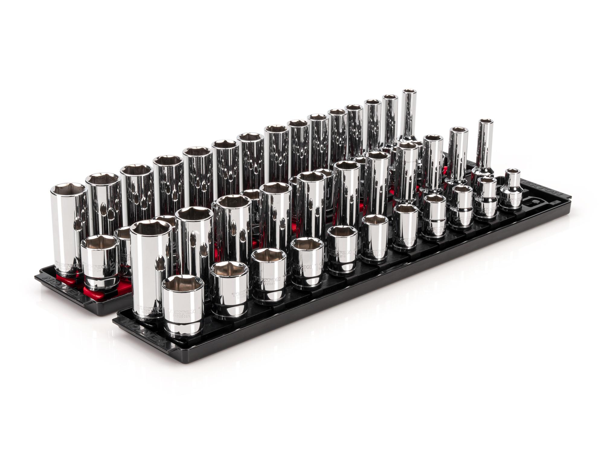Front-right angle view of Tekton rail hand drive 6-point socket set. Item #SHD92213
