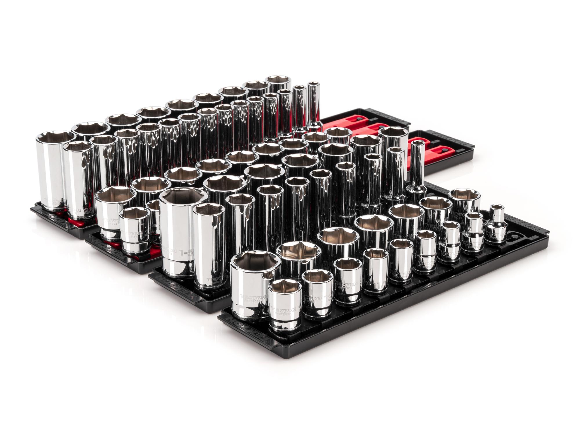 Front-right angle view of Tekton rail hand drive 6-point socket set. Item #SHD92215