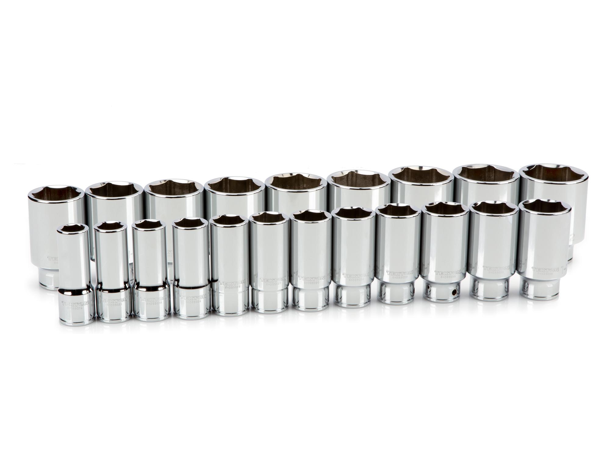 Front-right angle view of Tekton hand drive 6-point socket set. Item #SHD93017