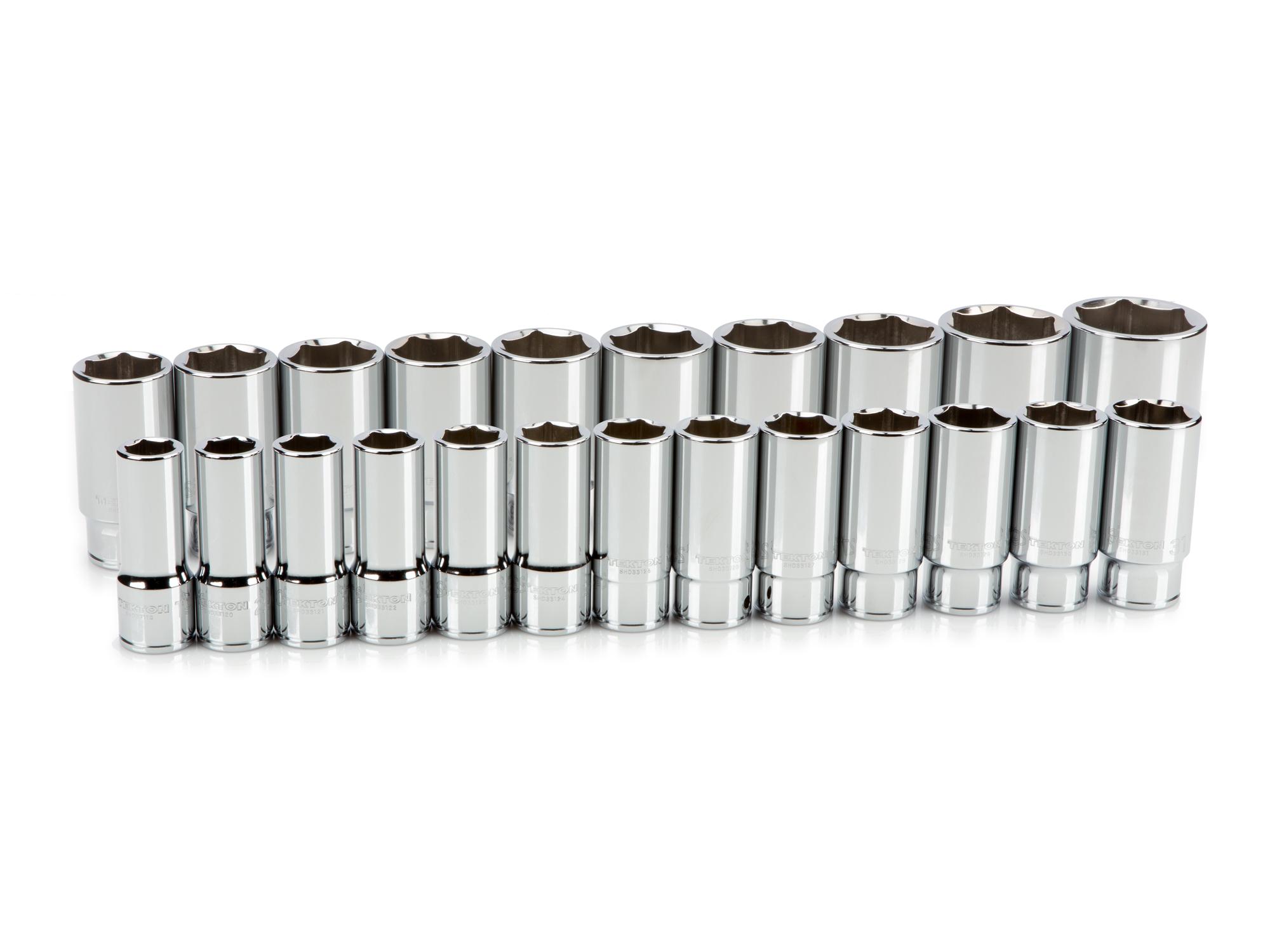 Front-right angle view of Tekton hand drive 6-point socket set. Item #SHD93018
