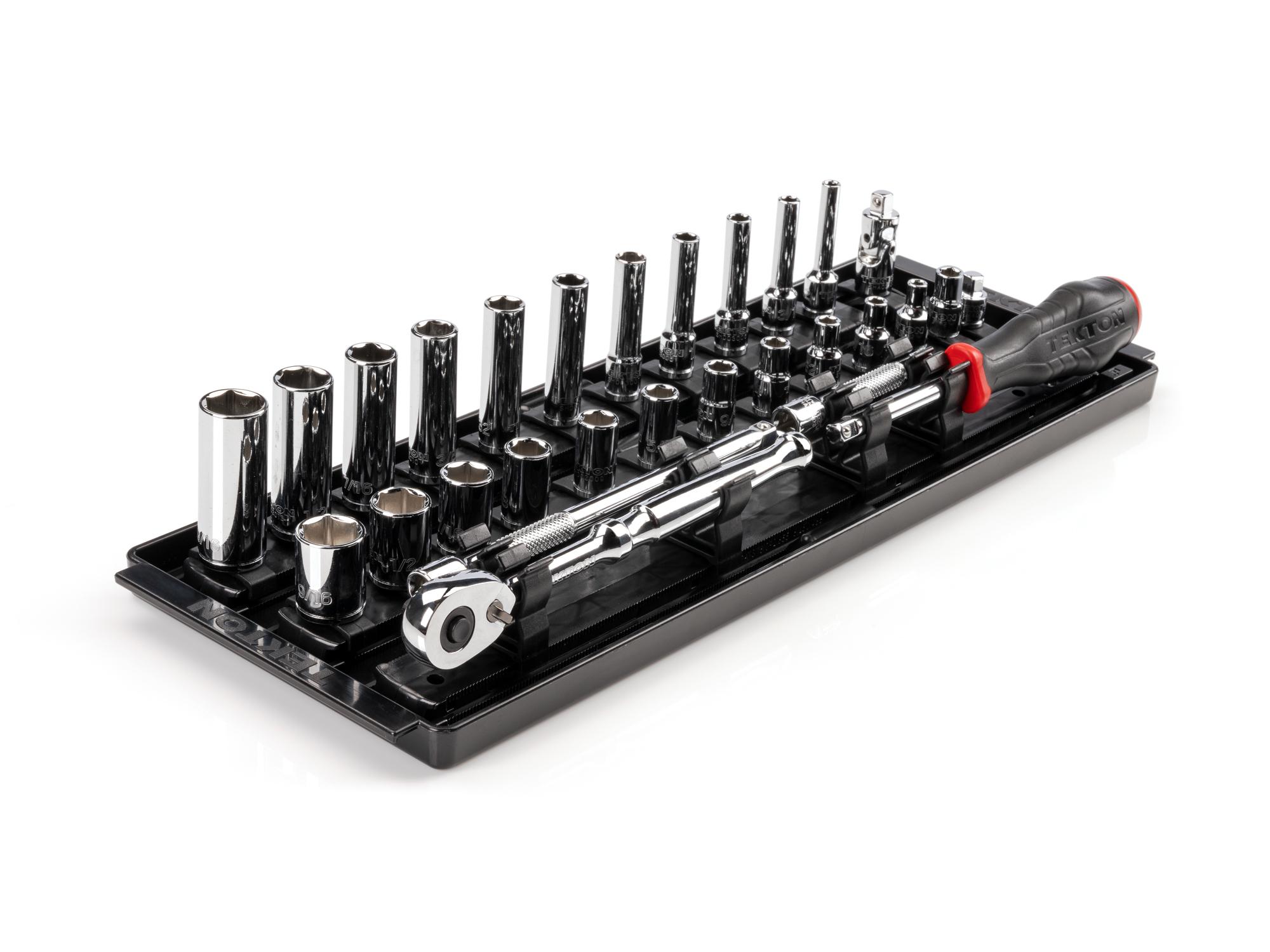 1/4 Inch Drive Shallow and Deep 6-Point Socket and Ratchet Set with Rails and Tray (29-Piece)
