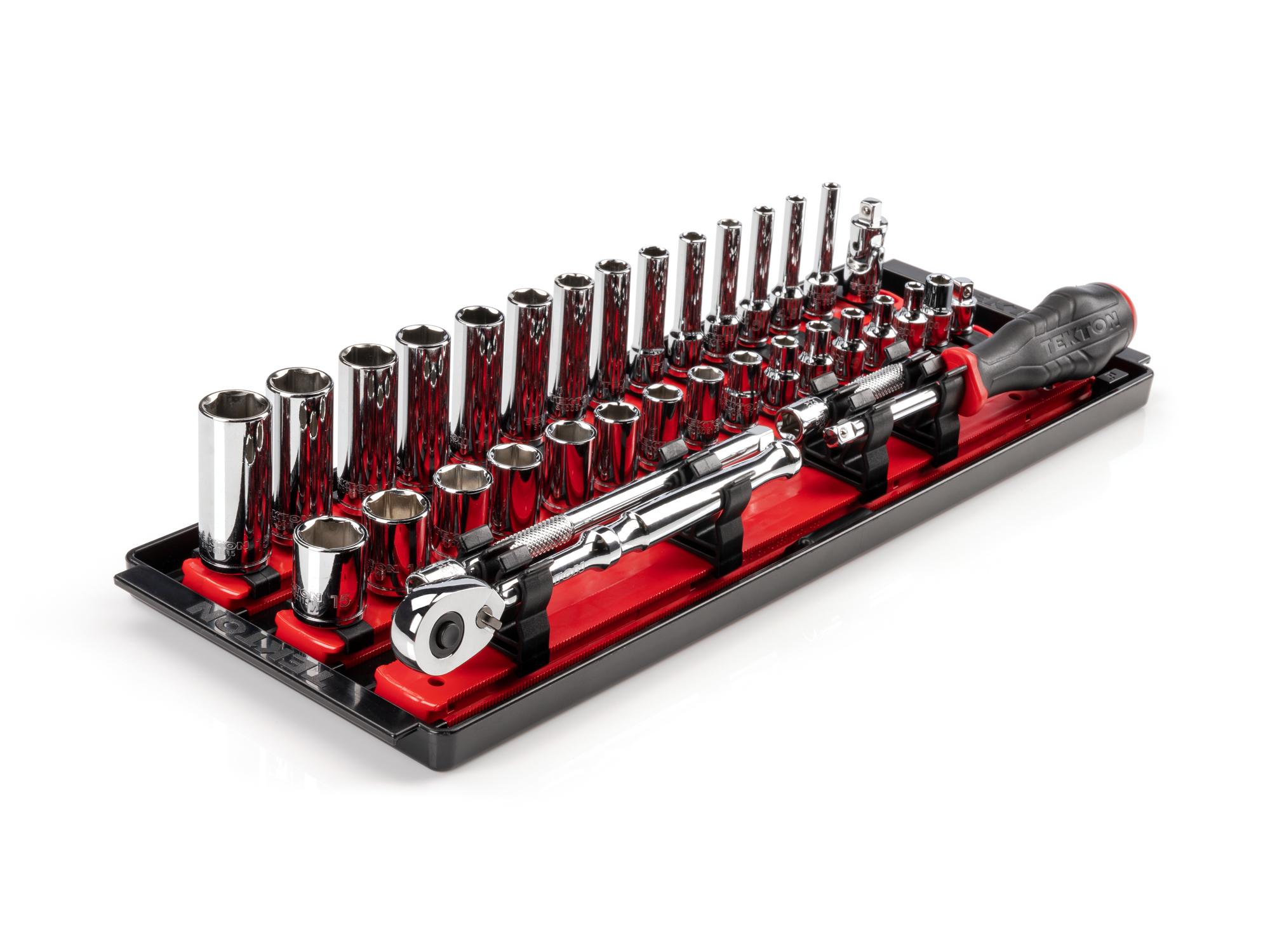 1/4 Inch Drive Shallow and Deep 6-Point Socket and Ratchet Set with Rails and Tray (35-Piece)