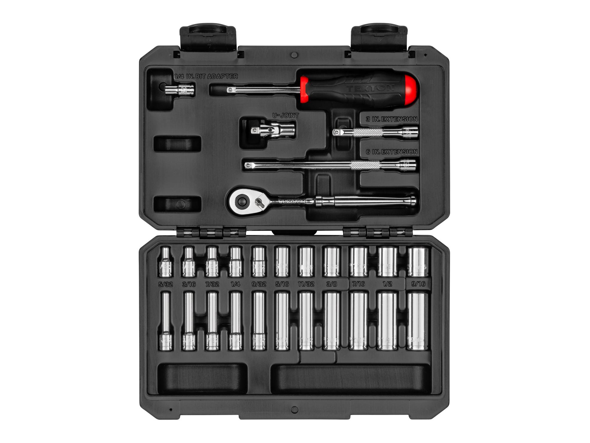 1/4 Inch Drive Shallow and Deep 6-Point Socket and Ratchet Set with Case (28-Piece)