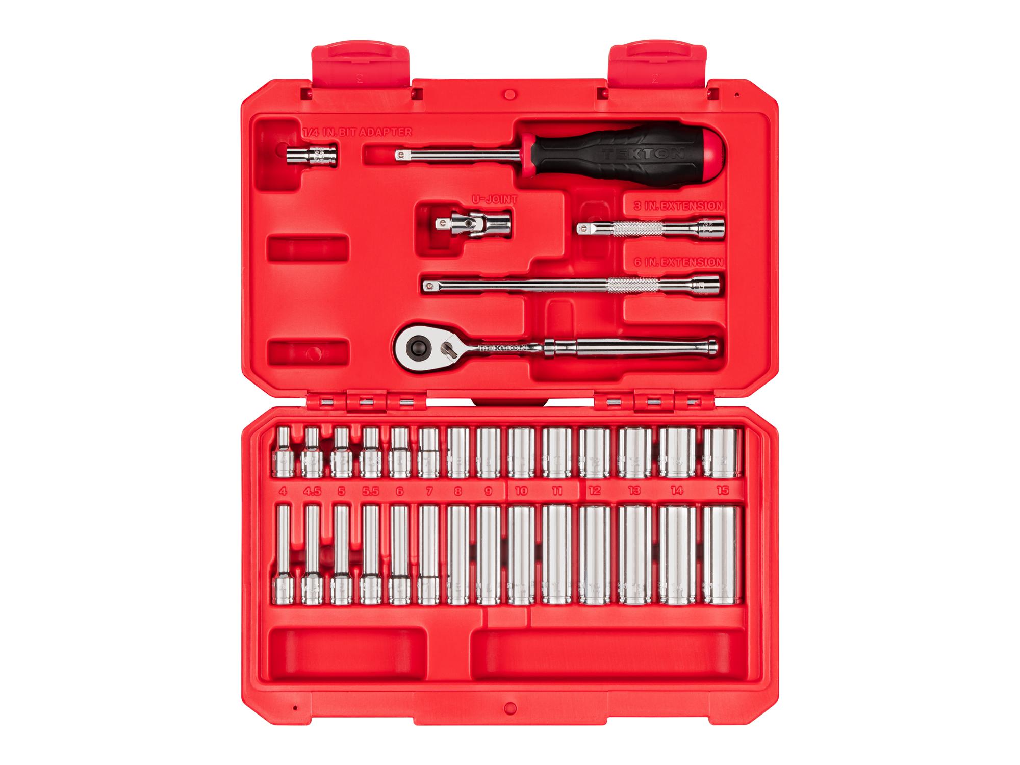 1/4 Inch Drive Shallow and Deep 6-Point Socket and Ratchet Set with Case (34-Piece)
