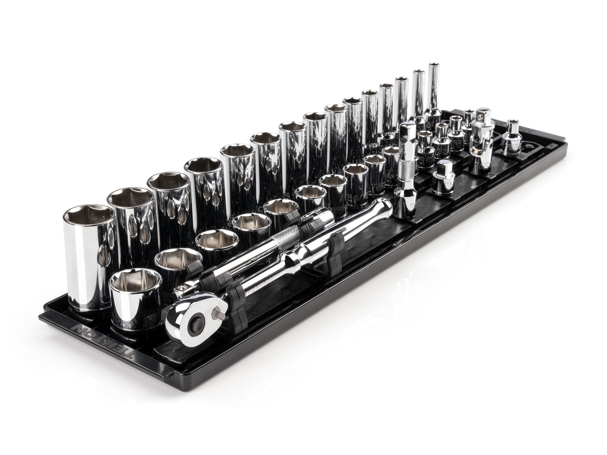 3/8 Inch Drive Shallow and Deep 6-Point Socket and Ratchet Set with Rails and Tray (36-Piece)