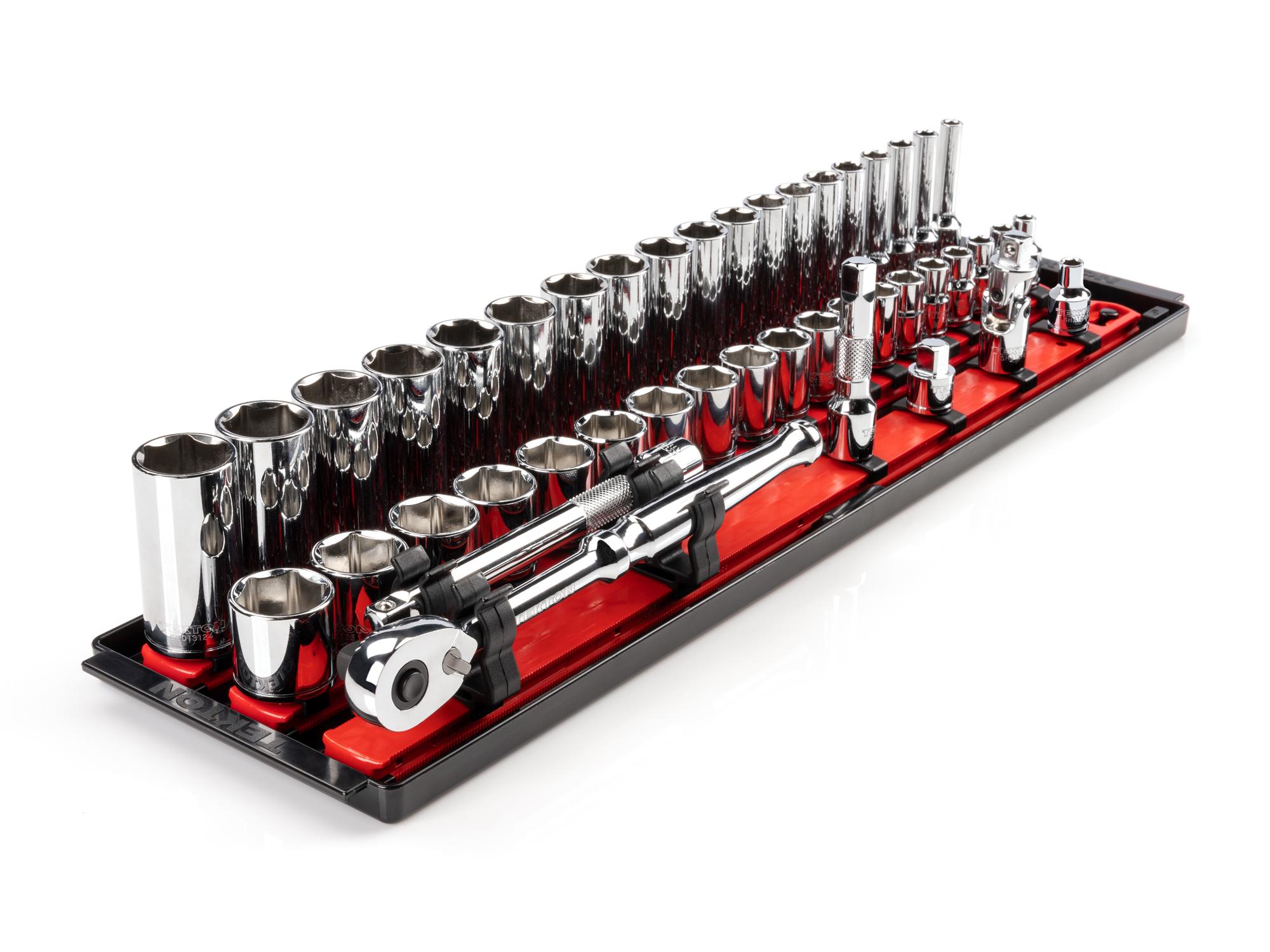 3/8 Inch Drive Shallow and Deep 6-Point Socket and Ratchet Set with Rails and Tray (44-Piece)