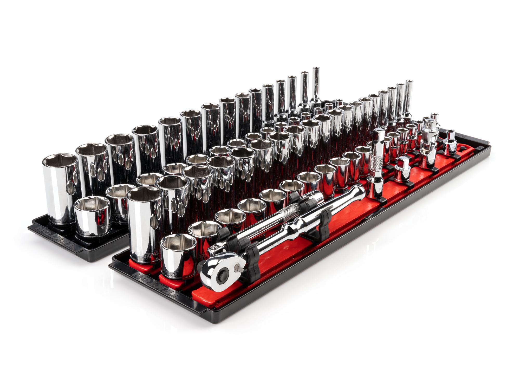 3/8 Inch Drive Shallow and Deep 6-Point Socket and Ratchet Set with Rails and Trays (74-Piece)