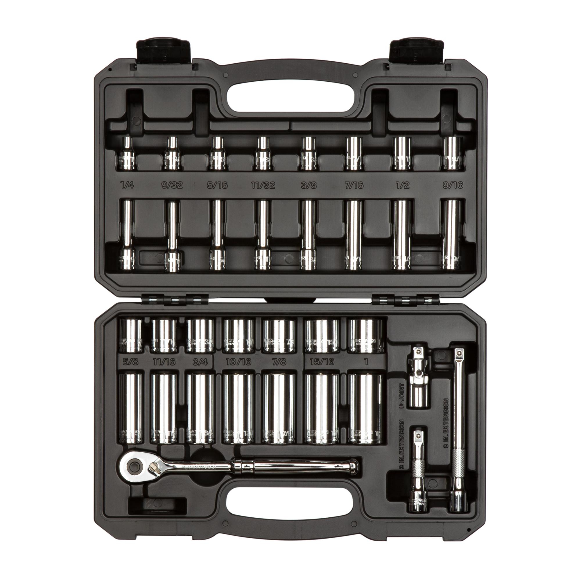3/8 Inch Drive Shallow and Deep 6-Point Socket and Ratchet Set with Case (34-Piece)