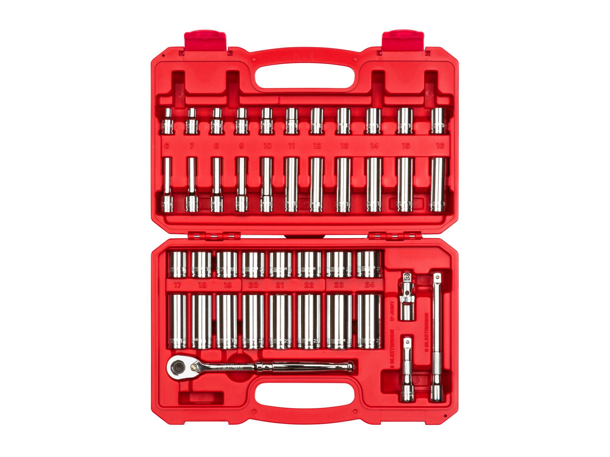 3/8 Inch Drive Shallow and Deep 6-Point Socket and Ratchet Set with Case (42-Piece)