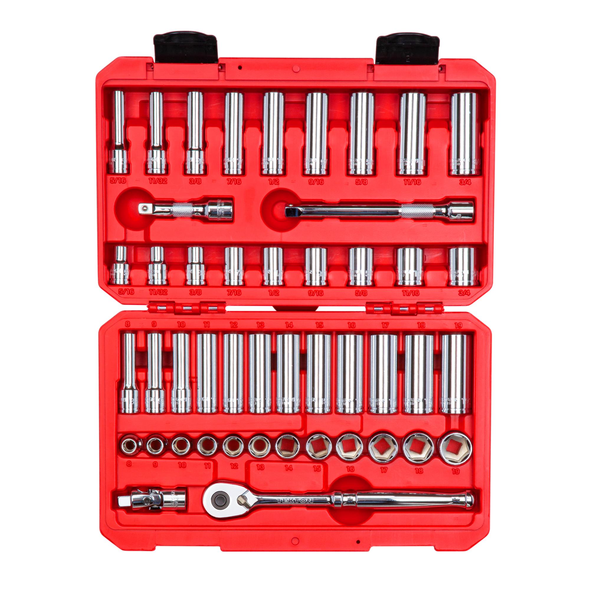 3/8 Inch Drive Shallow and Deep 6-Point Socket and Ratchet Set with Case (46-Piece)