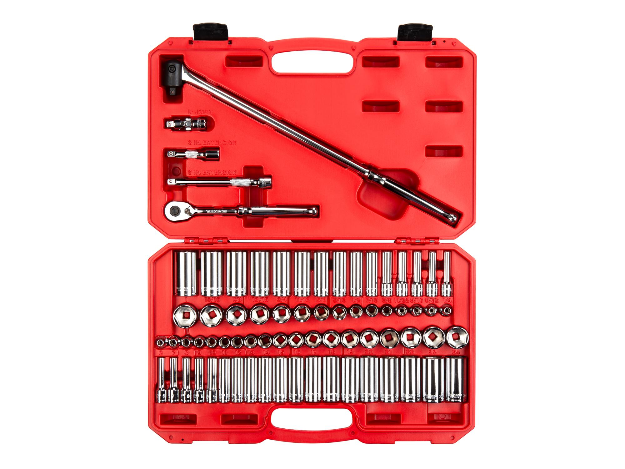 3/8 Inch Drive Shallow and Deep 6-Point Socket and Ratchet Set with Case (73-Piece)