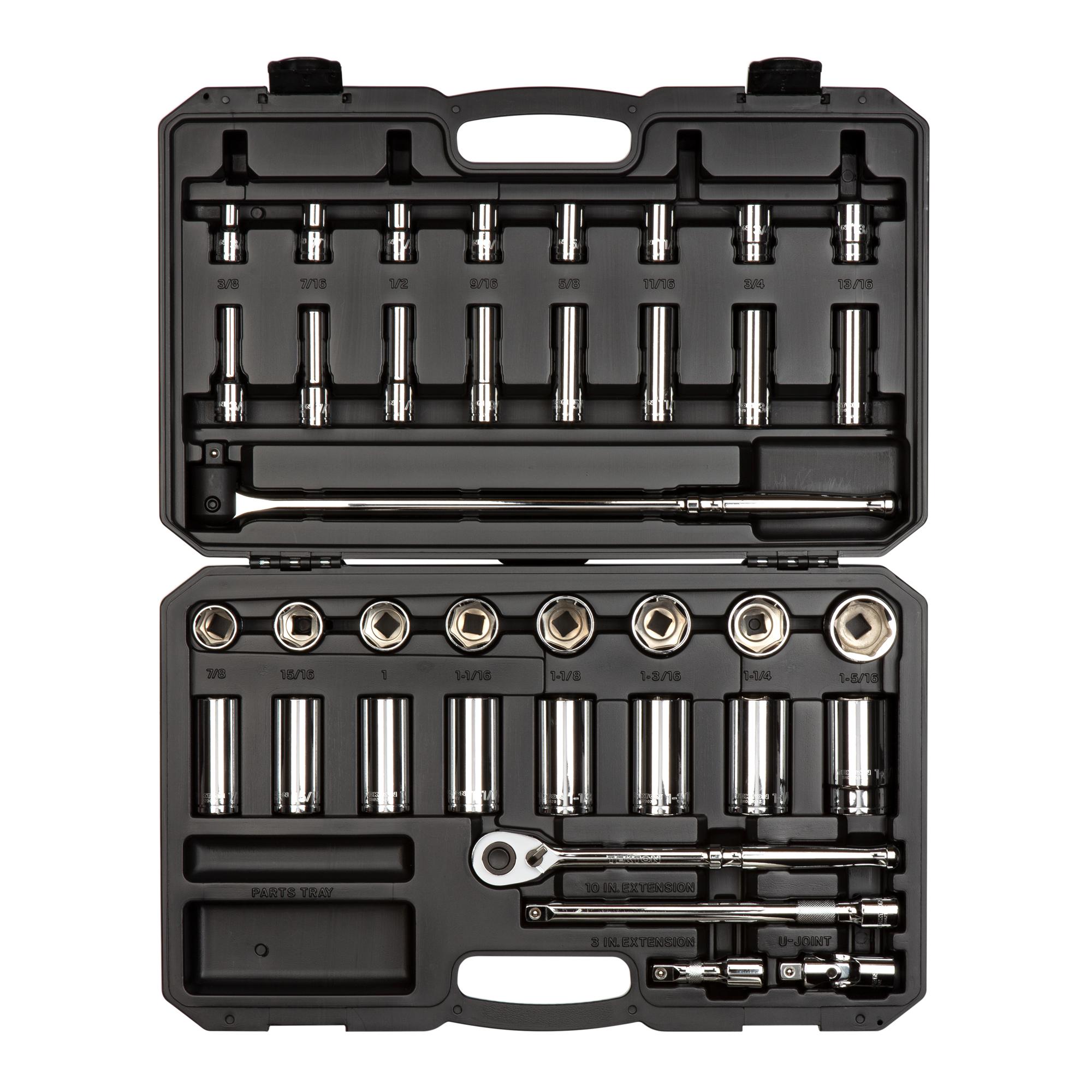 Front view of Tekton case hand drive 6-point socket set. Item #SKT25101