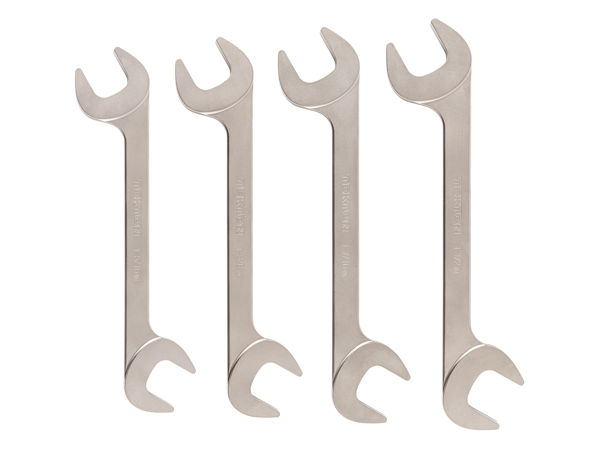 Set includes 1-5/16–1-1/2 inch (SAE) angle head open end (four-way) wrenches with 30º and 60º open ends and smooth, satin nickel finish. WAE91004.