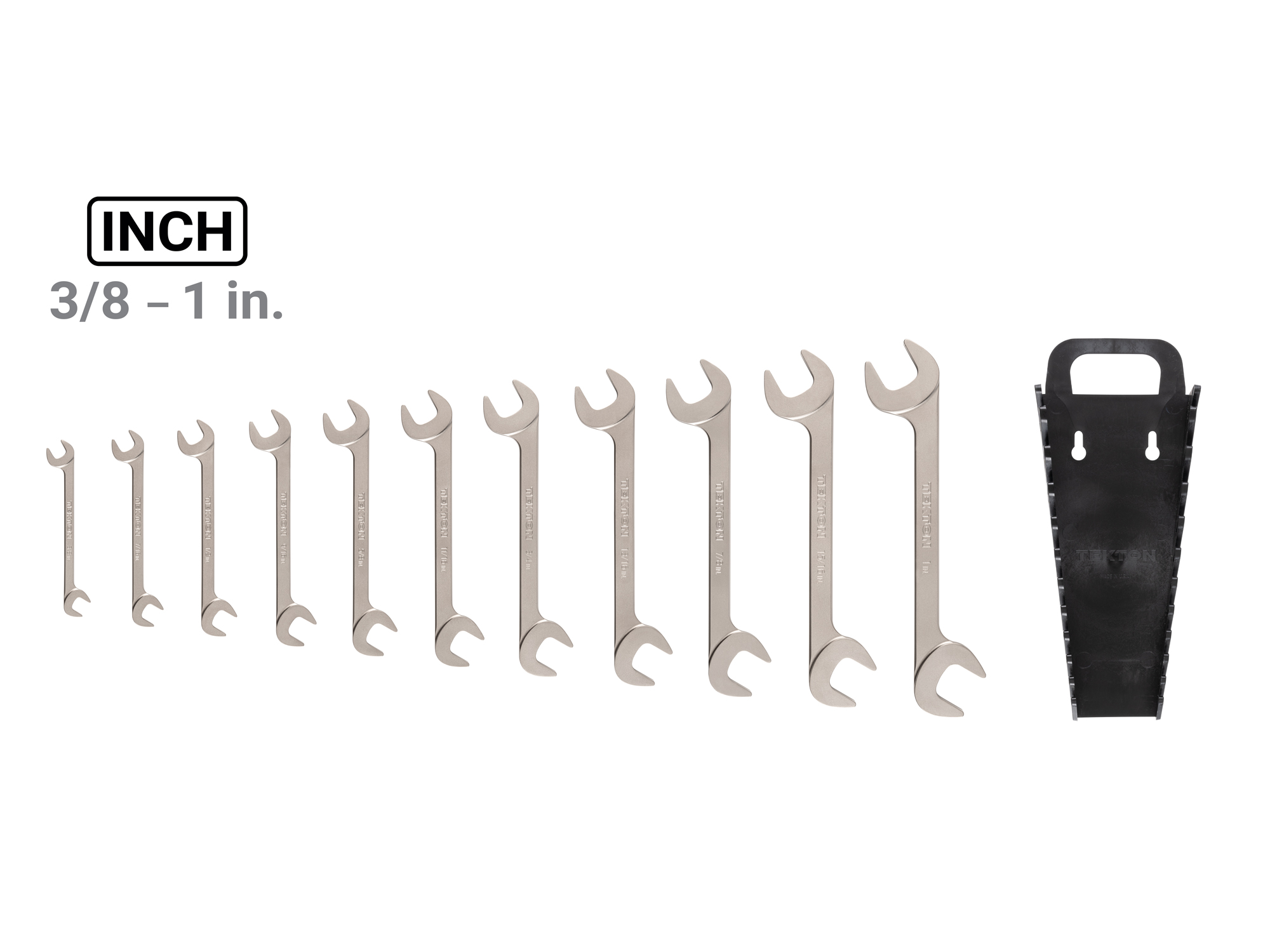 Set includes 3/8–1 inch (SAE) angle head open end (four-way) wrenches with 30º and 60º open ends and holder. WAE91204.