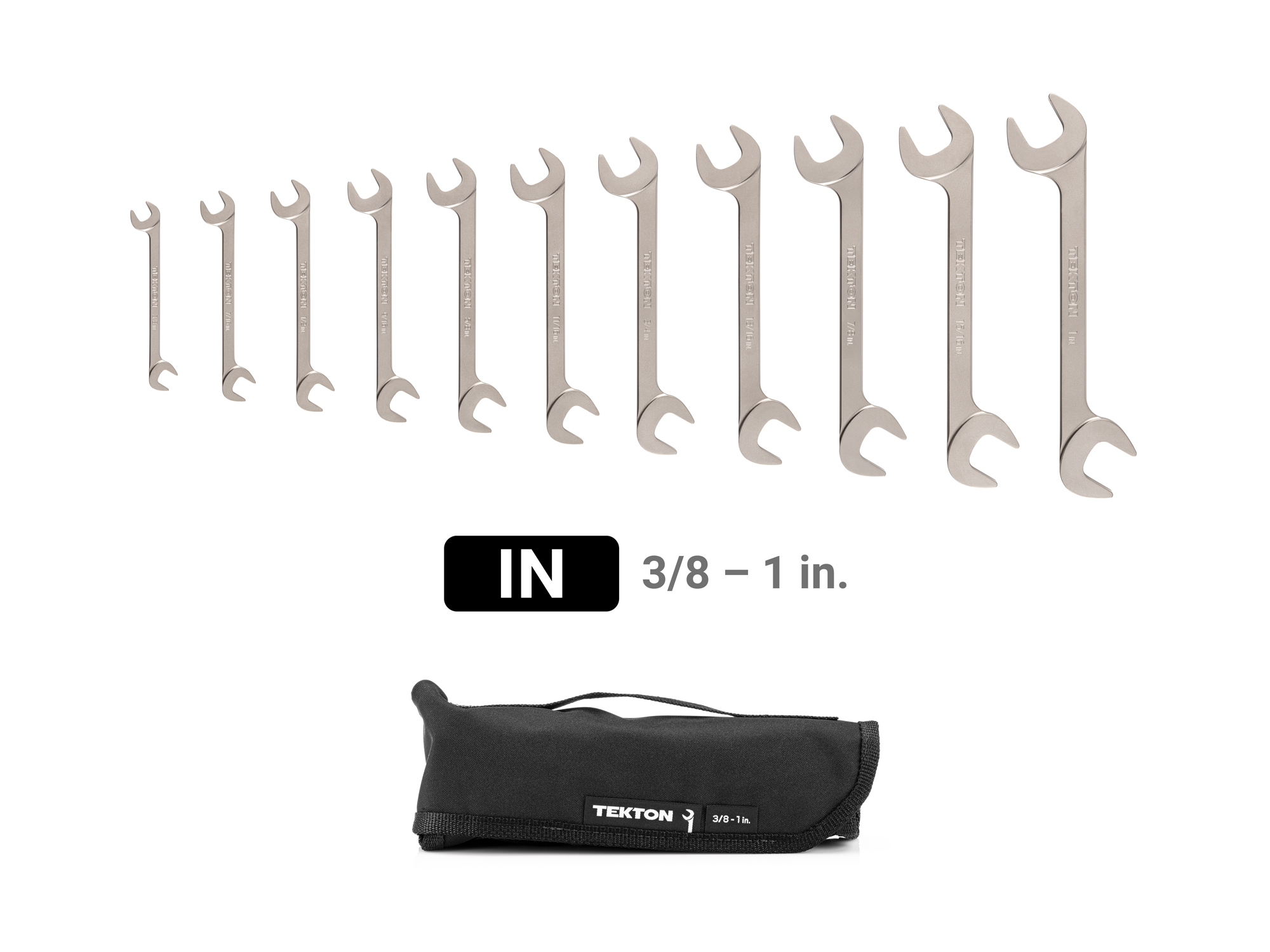 Set includes 3/8–1 inch (SAE) angle head open end (four-way) wrenches with 30º and 60º open ends and pouch. WAE91402.