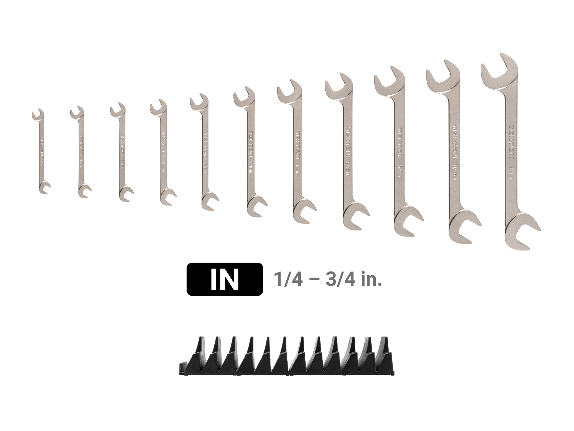 Set includes 1/4–3/4 inch (SAE) angle head open end (four-way) wrenches with 30º and 60º open ends and modular wrench organizers. WAE91501.