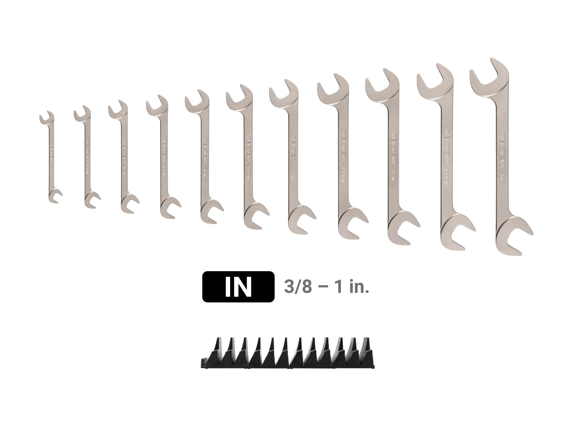Laid out contents of Tekton modular angle head wrench set. Item #WAE91502
