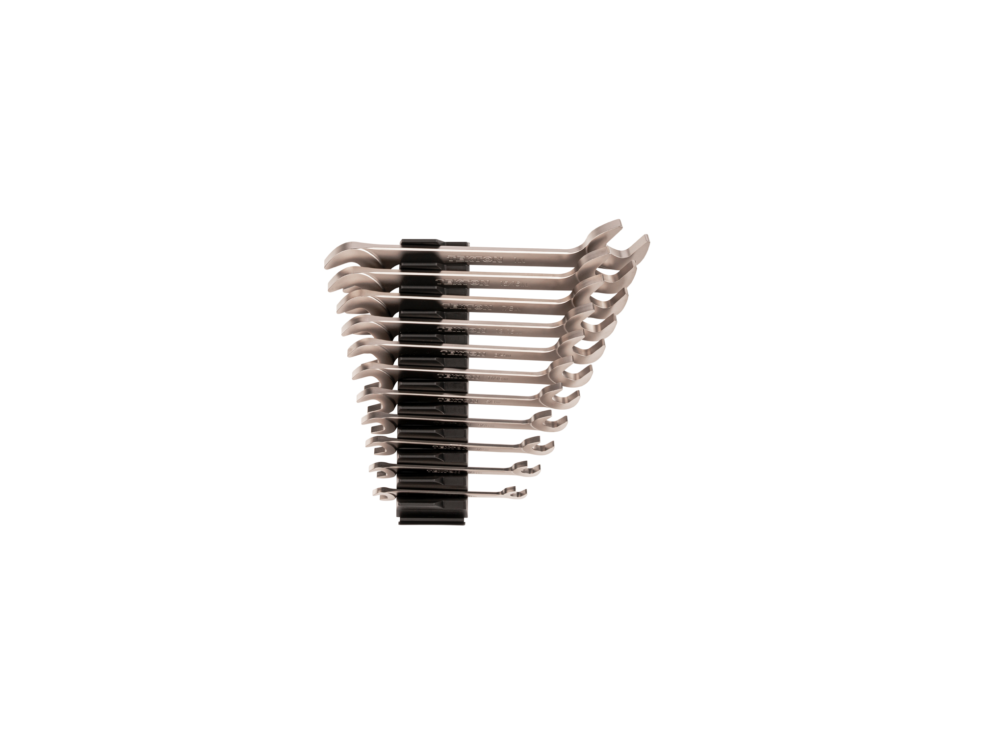 Set includes 3/8–1 inch (SAE) angle head open end (four-way) wrenches with 30º and 60º open ends and modular wrench organizers. WAE91502.