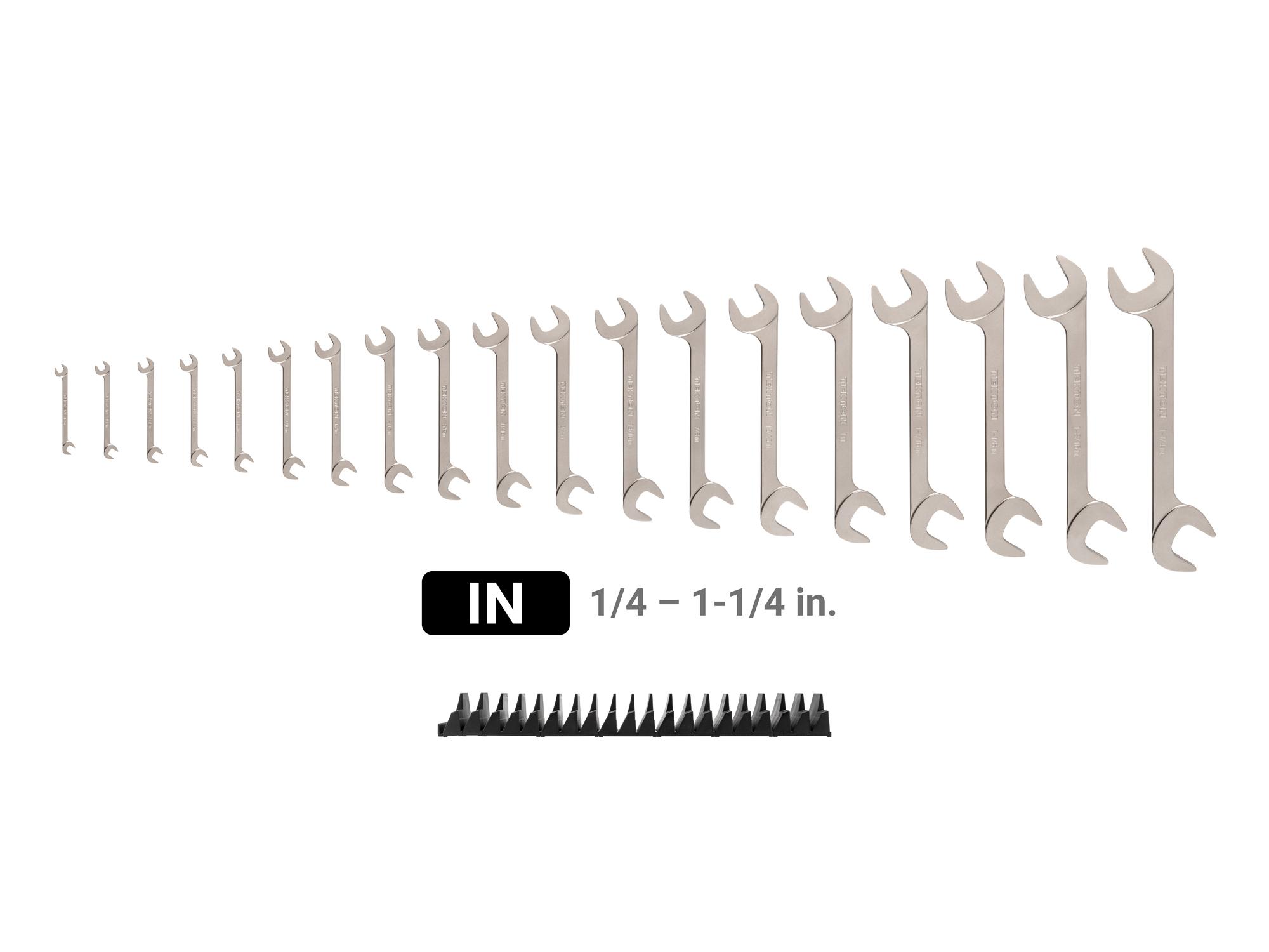 Laid out contents of Tekton modular angle head wrench set. Item #WAE91503