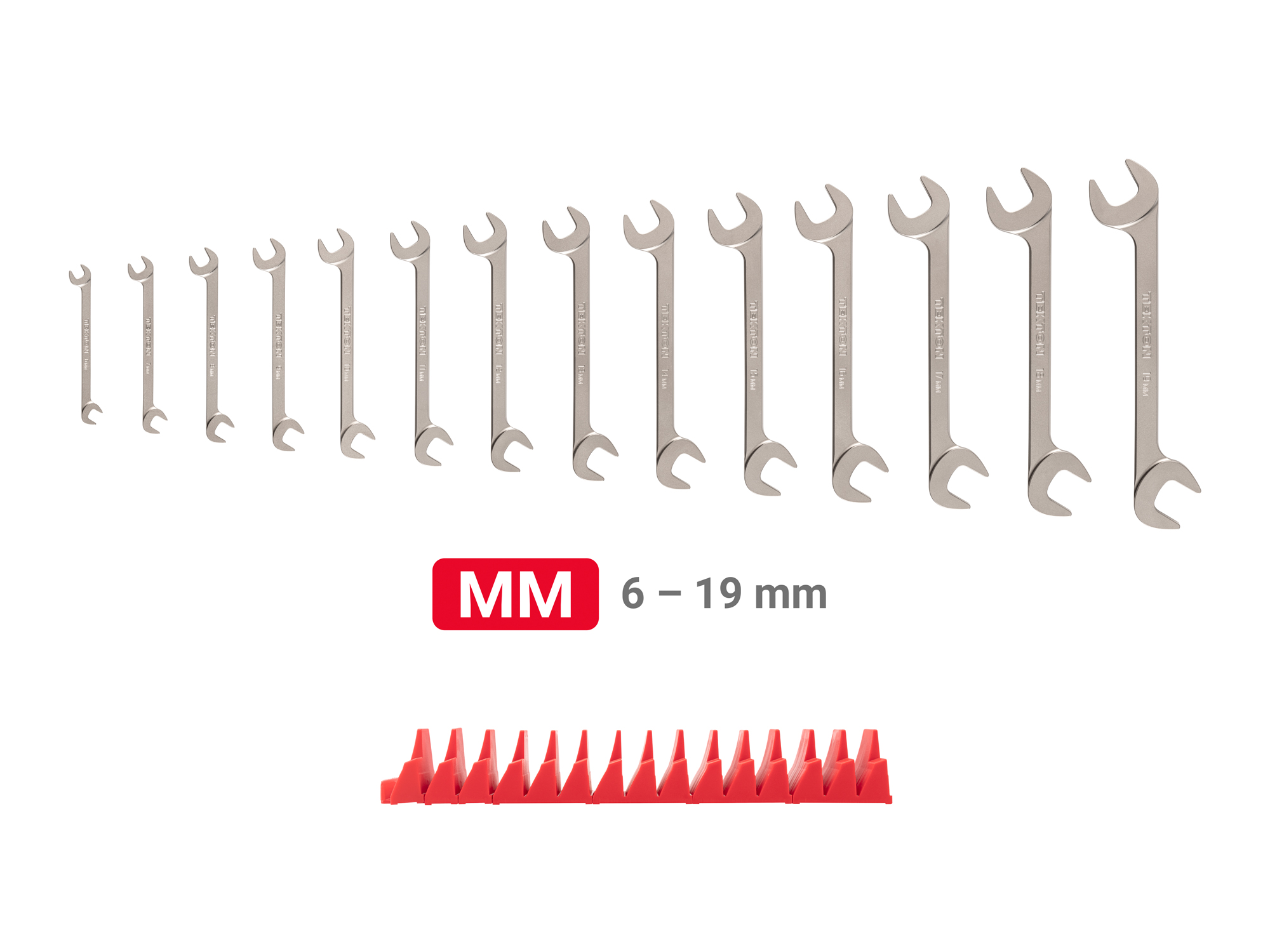 Set includes 6–19 mm (metric) angle head open end (four-way) wrenches with 30º and 60º open ends and modular wrench organizers. WAE92501.