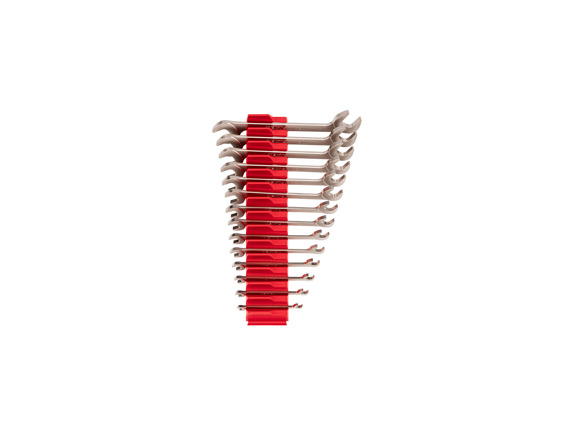 Set includes 6–19 mm (metric) angle head open end (four-way) wrenches with 30º and 60º open ends and modular wrench organizers. WAE92501.