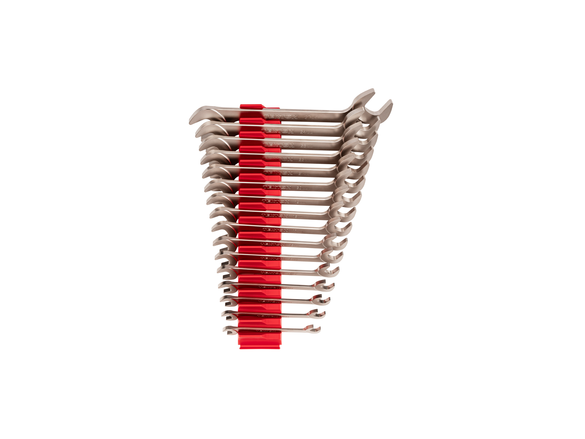 Set includes 10–27 mm (metric) angle head open end (four-way) wrenches with 30º and 60º open ends and modular wrench organizers. WAE92502.