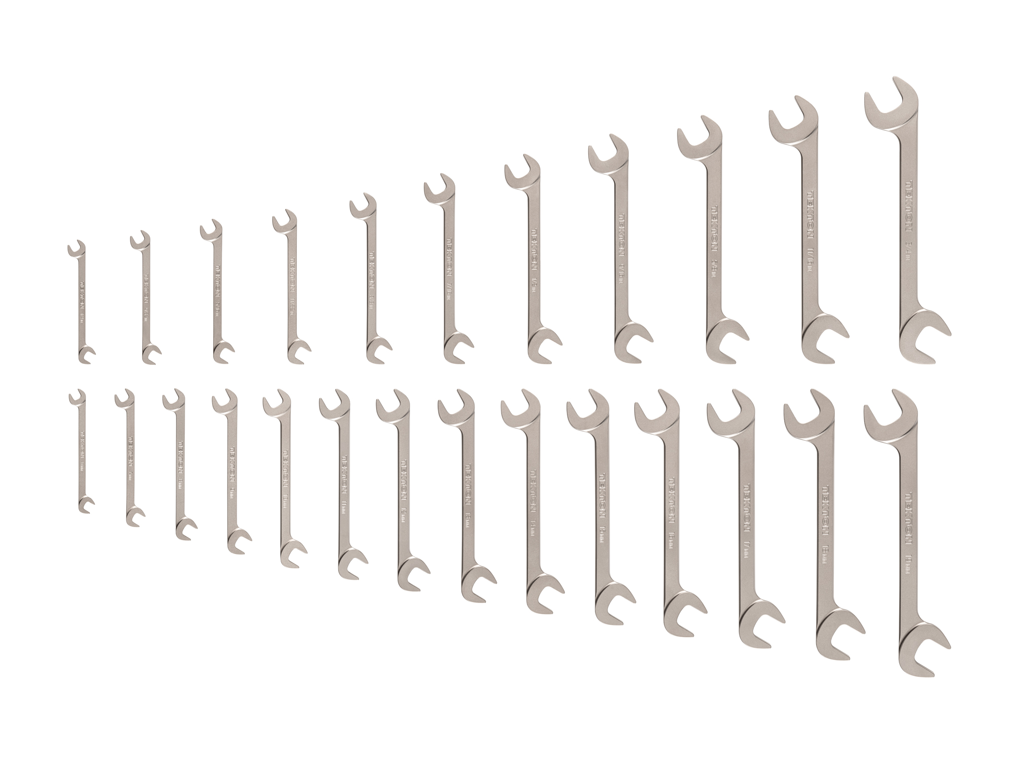 Set includes 1/4–3/4 inch (SAE), 6–19 mm (metric) angle head open end (four-way) wrenches with 30º and 60º open ends and smooth, satin nickel finish. WAE93001.