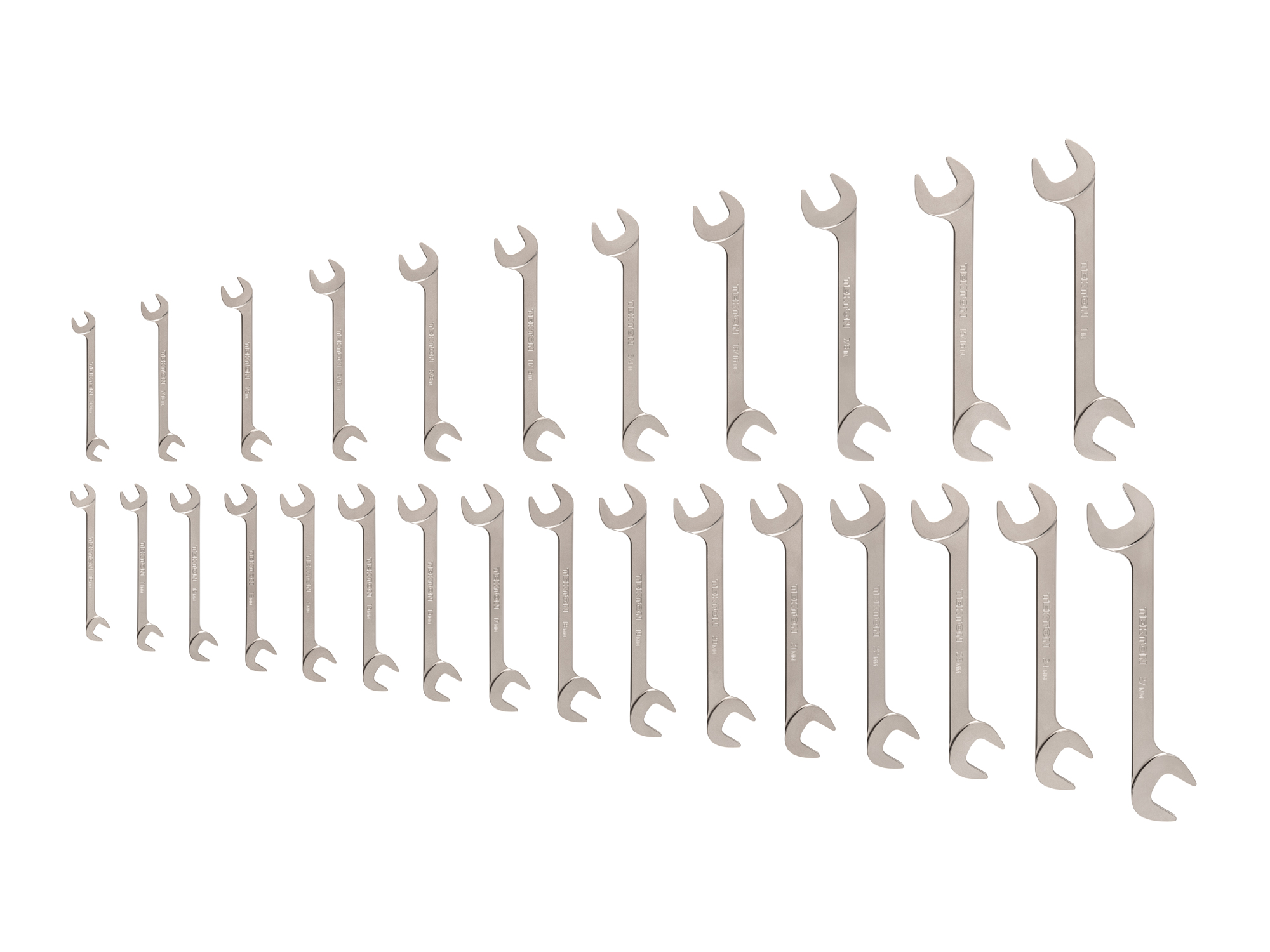 Set includes 3/8–1 inch (SAE), 10–27 mm (metric) angle head open end (four-way) wrenches with 30º and 60º open ends and smooth, satin nickel finish. WAE93002.