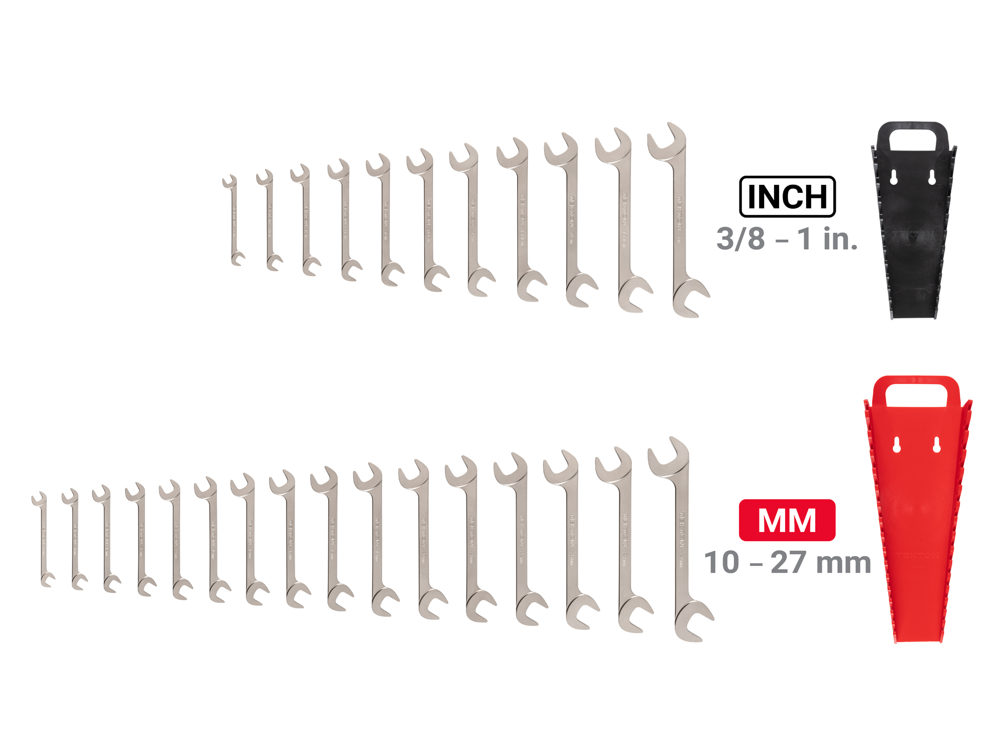 Set includes 3/8–1 inch (SAE), 10–27 mm (metric) angle head open end (four-way) wrenches with 30º and 60º open ends and holders. WAE93202.