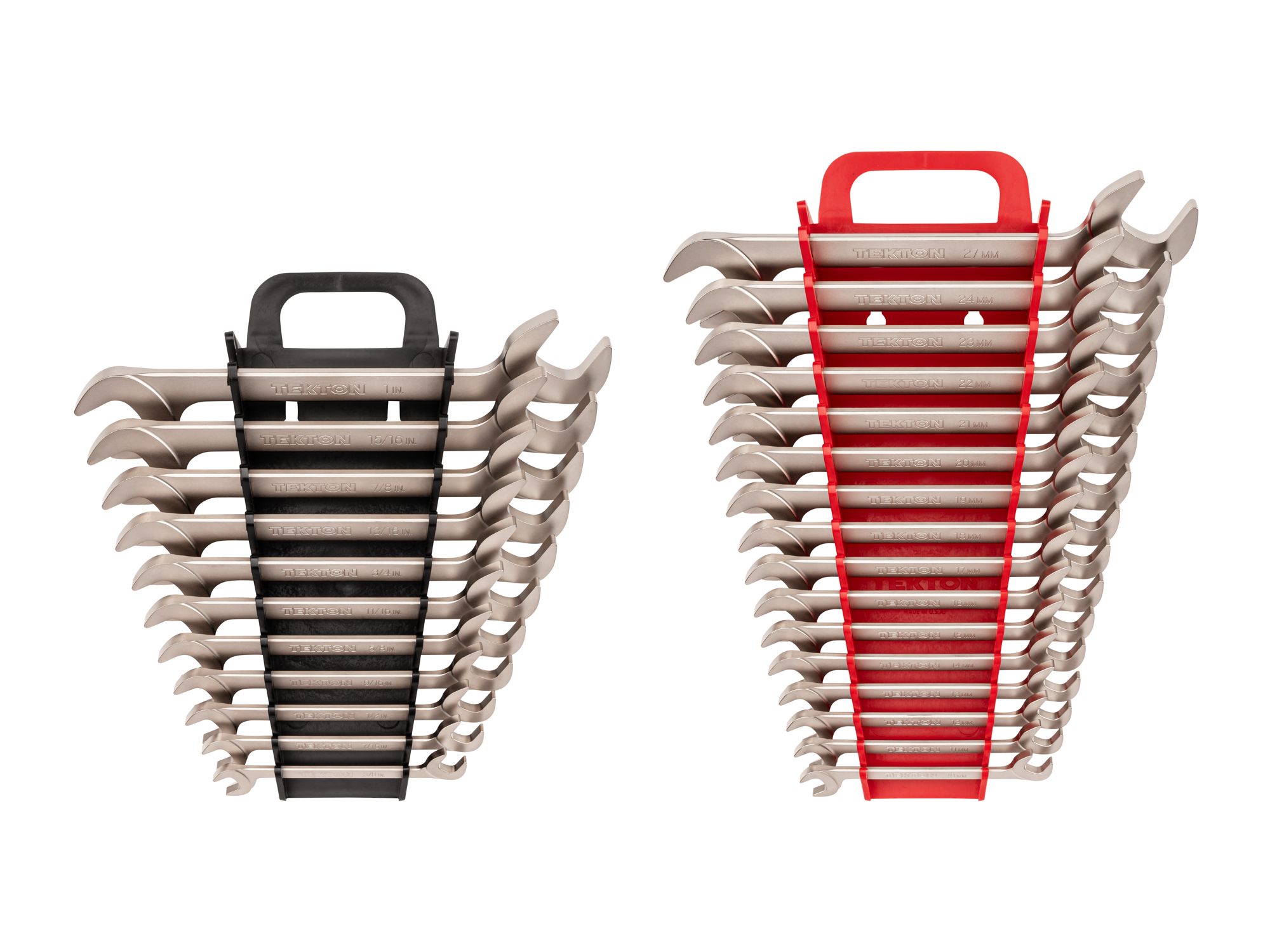 Set includes 3/8–1 inch (SAE), 10–27 mm (metric) angle head open end (four-way) wrenches with 30º and 60º open ends and holders. WAE93202.