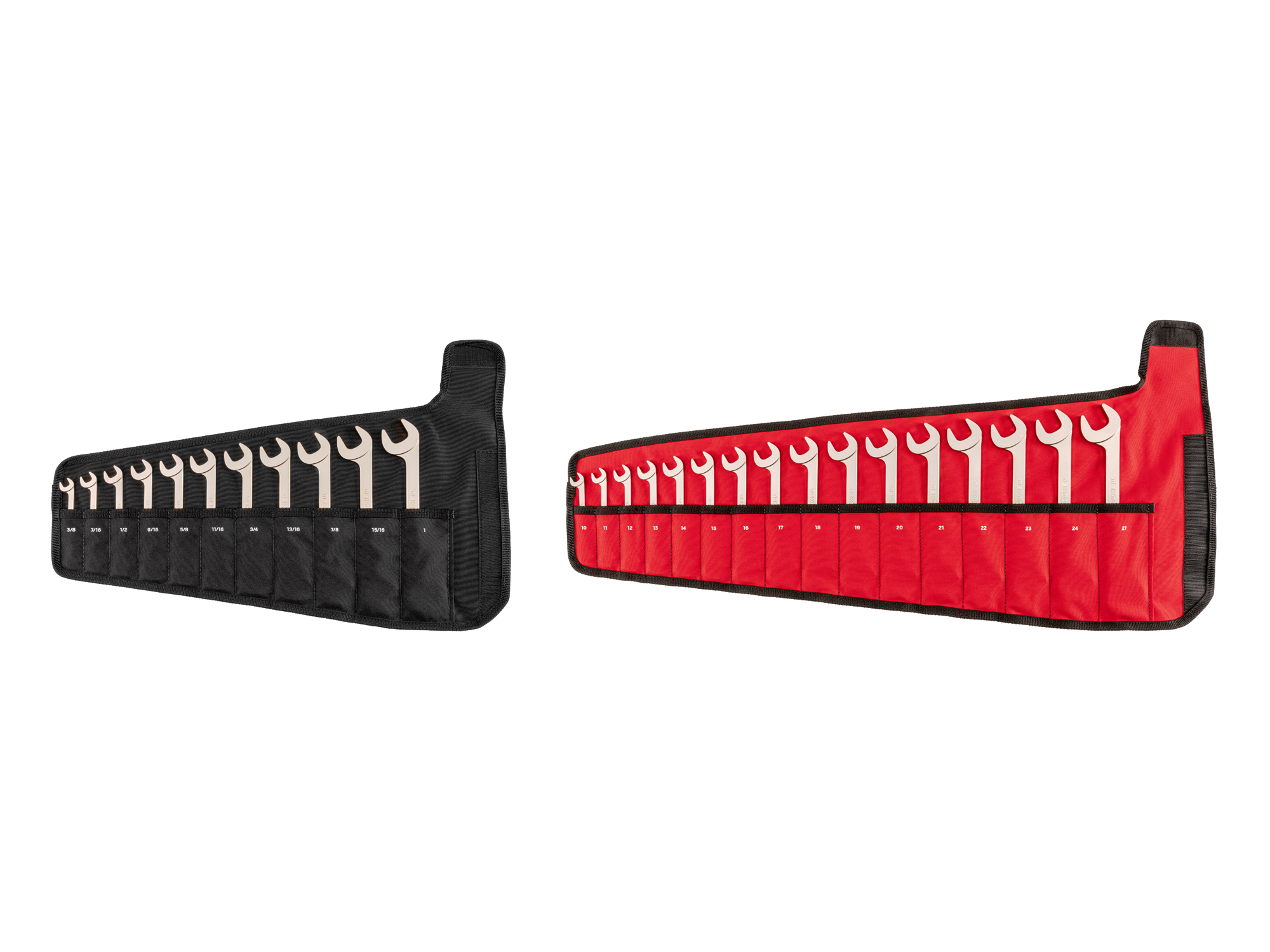 Set includes 3/8–1 inch (SAE), 10–27 mm (metric) angle head open end (four-way) wrenches with 30º and 60º open ends and pouches. WAE93402.