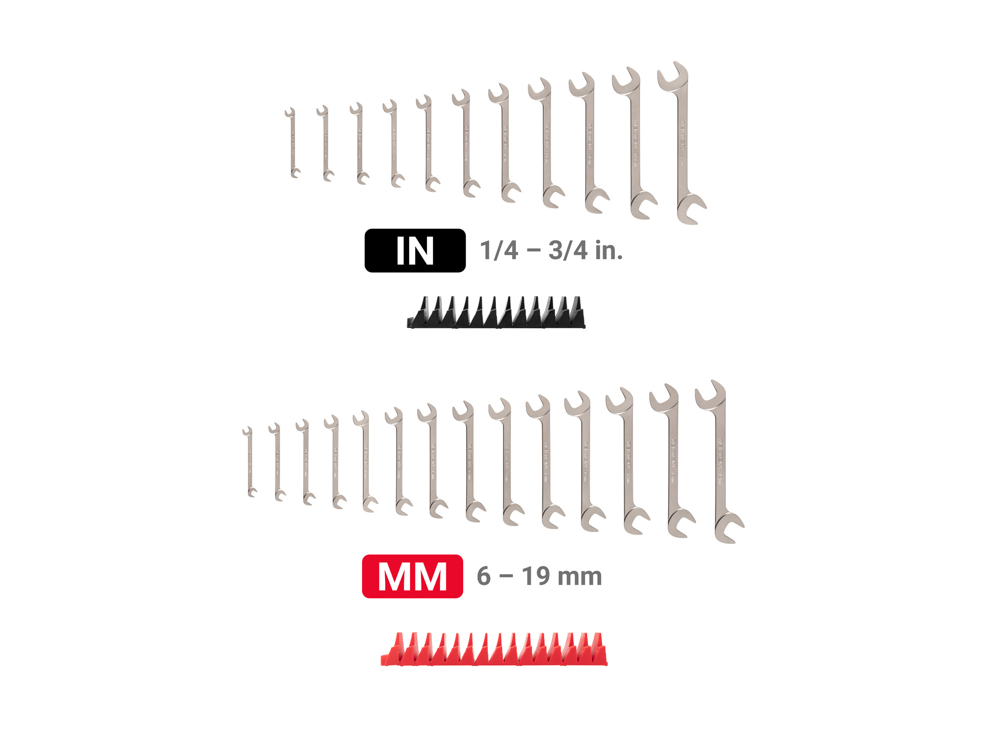 Set includes 1/4–3/4 inch (SAE), 6–19 mm (metric) angle head open end (four-way) wrenches with 30º and 60º open ends and modular wrench organizers. WAE93501.