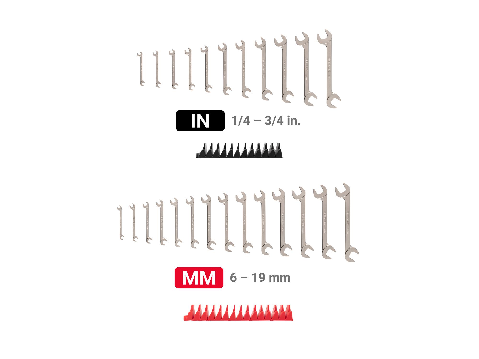 Laid out contents of Tekton modular angle head wrench set. Item #WAE93501