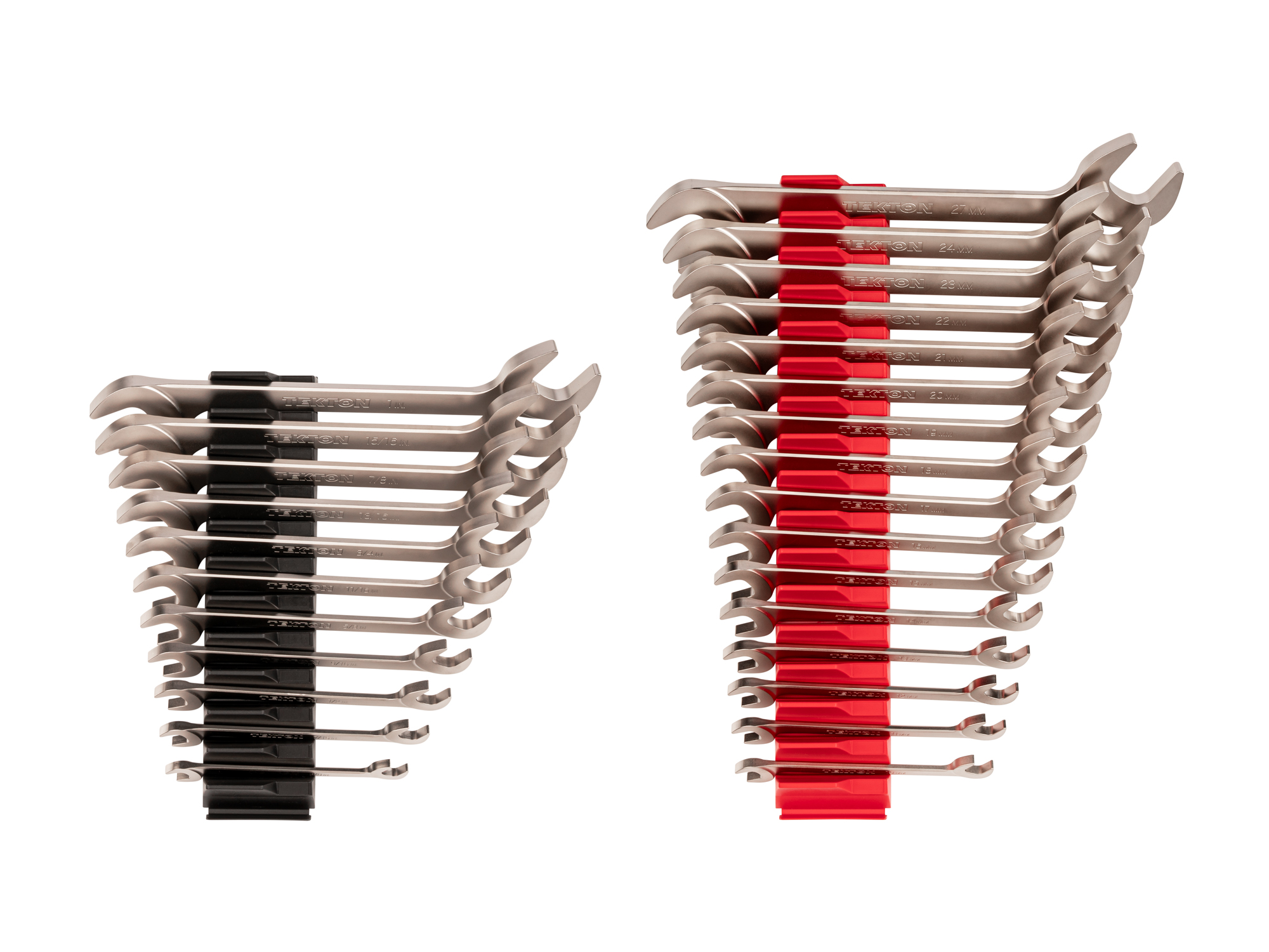 Set includes 3/8–1 inch (SAE), 10–27 mm (metric) angle head open end (four-way) wrenches with 30º and 60º open ends and modular wrench organizers. WAE93502.