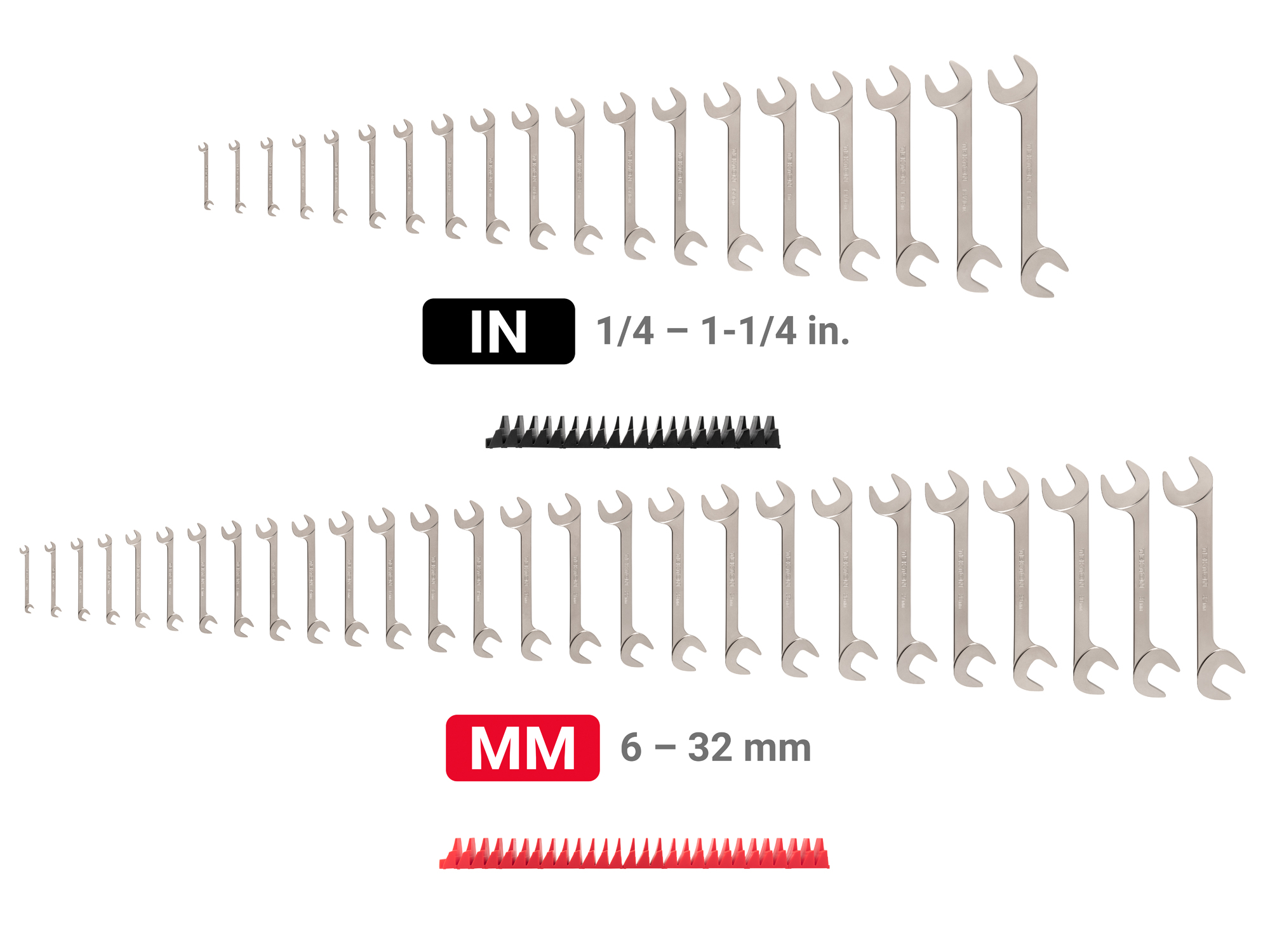 Set includes 1/4–1-1/4 inch (SAE), 6–32 mm (metric) angle head open end (four-way) wrenches with 30º and 60º open ends and modular wrench organizers. WAE93503.