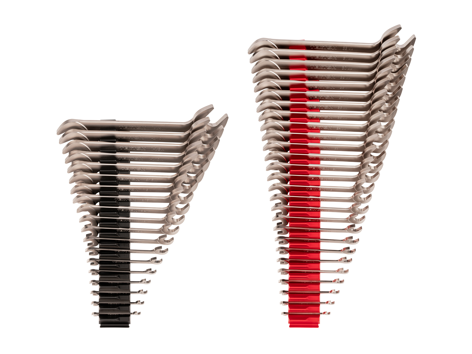Set includes 1/4–1-1/4 inch (SAE), 6–32 mm (metric) angle head open end (four-way) wrenches with 30º and 60º open ends and modular wrench organizers. WAE93503.
