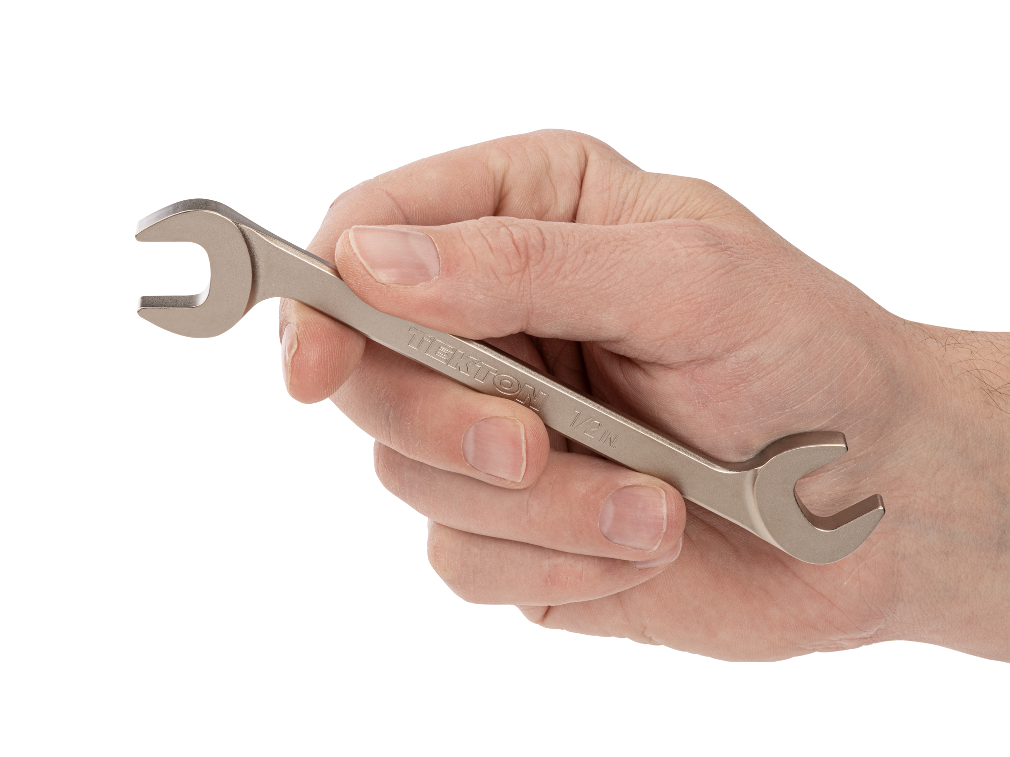 Size: 1/2 inch (SAE) angle head open end (four-way) wrench with 30º and 60º open ends and smooth, satin nickel finish. WAE83213.