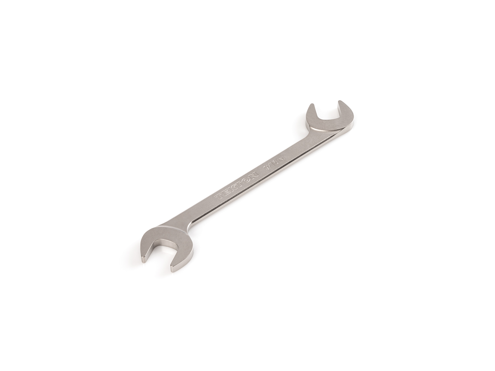 Size: 9/16 inch (SAE) angle head open end (four-way) wrench with 30º and 60º open ends and smooth, satin nickel finish. WAE83214.