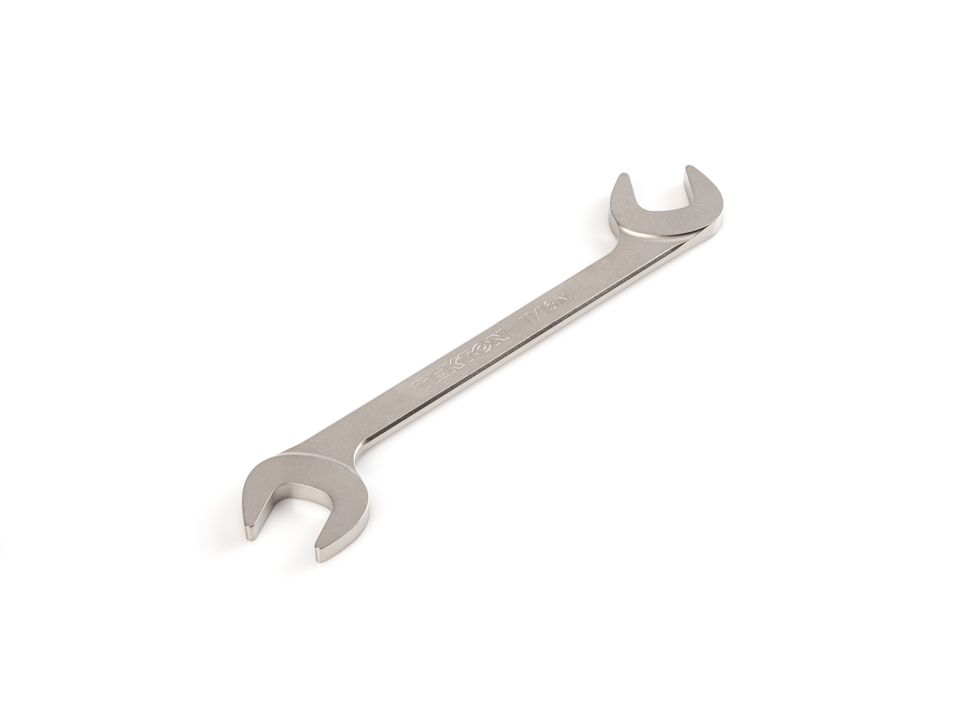 Size: 11/16 inch (SAE) angle head open end (four-way) wrench with 30º and 60º open ends and smooth, satin nickel finish. WAE83217.