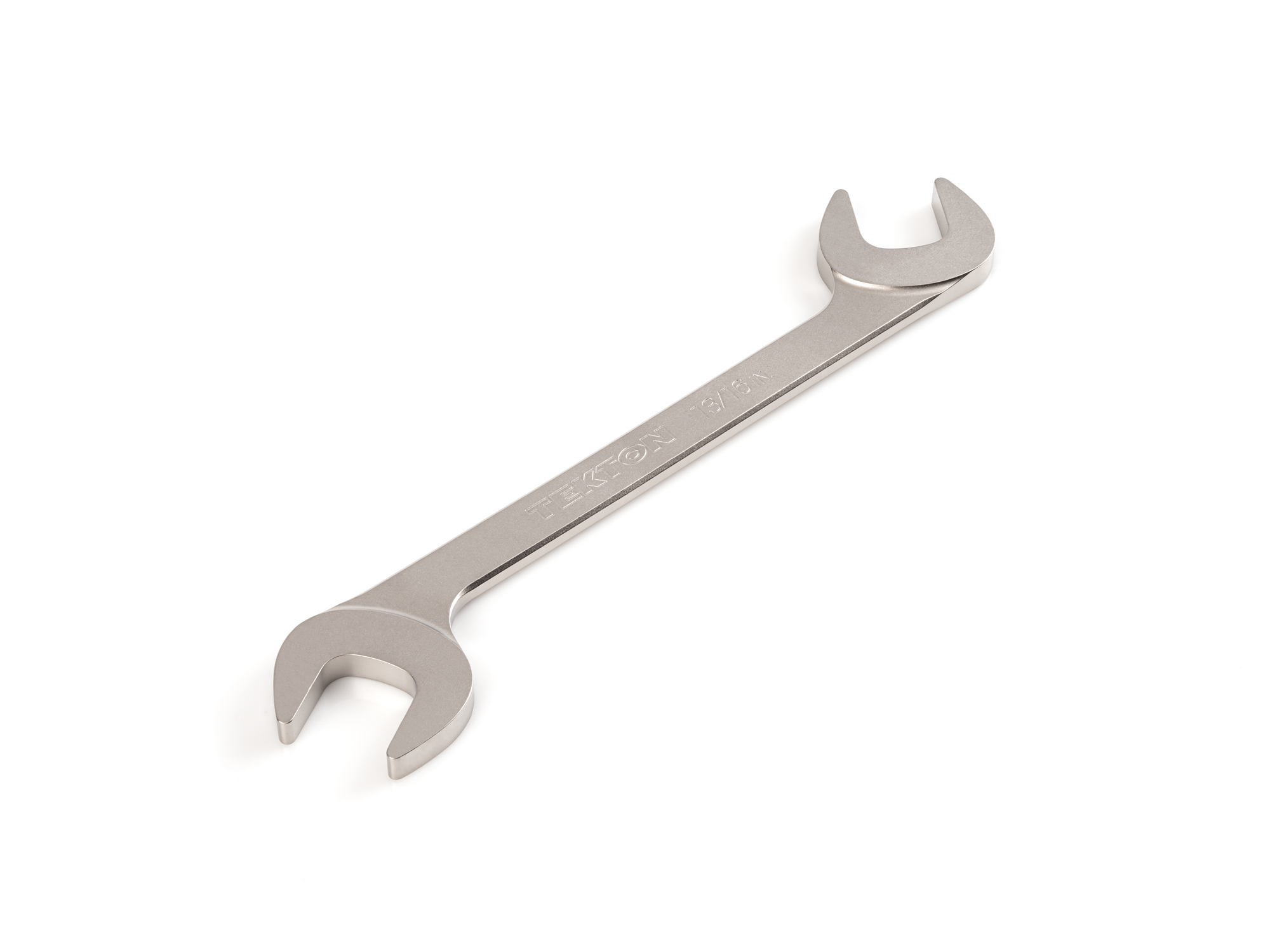 Size: 13/16 inch (SAE) angle head open end (four-way) wrench with 30º and 60º open ends and smooth, satin nickel finish. WAE83221.