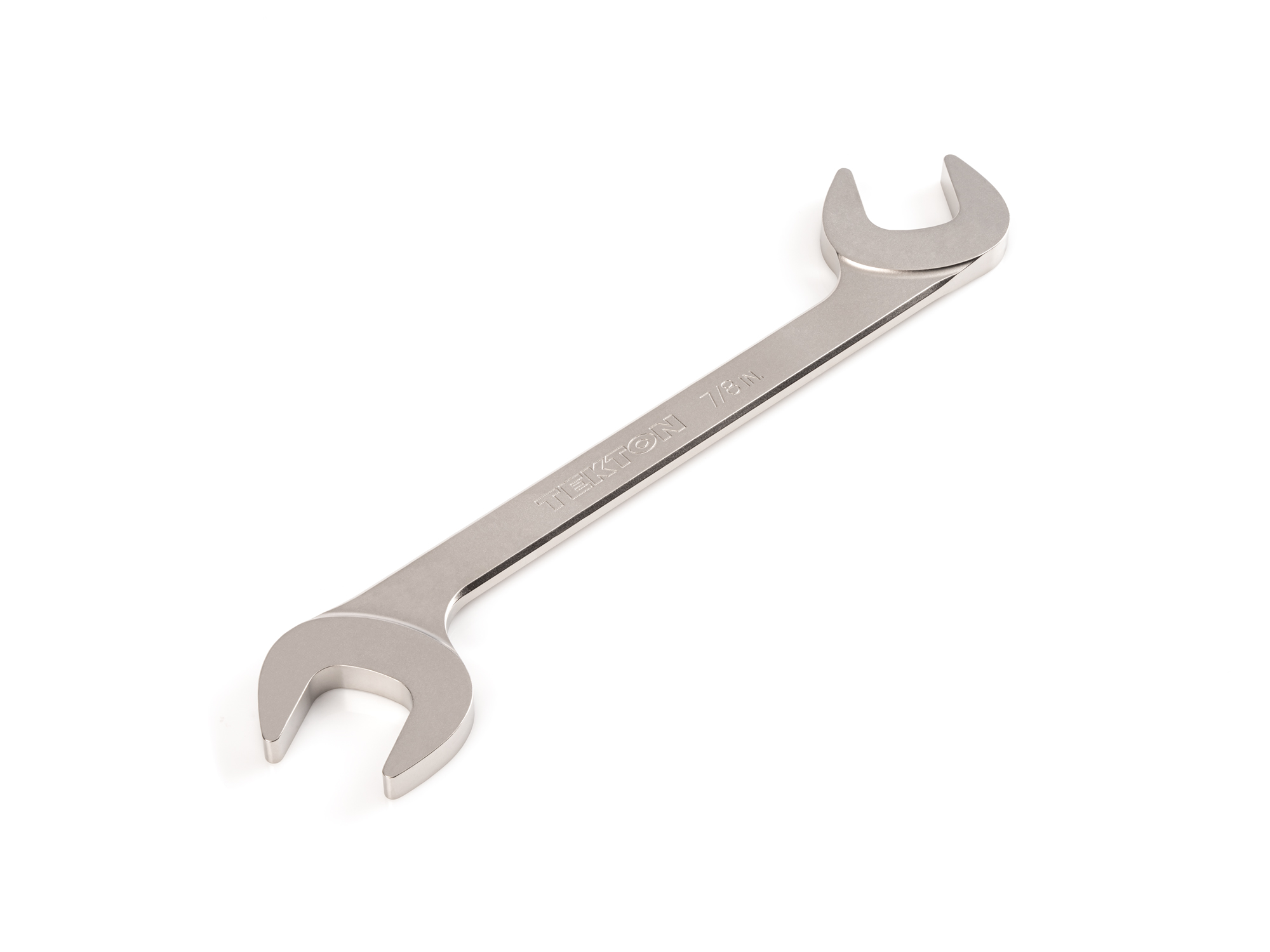 Size: 7/8 inch (SAE) angle head open end (four-way) wrench with 30º and 60º open ends and smooth, satin nickel finish. WAE83222.