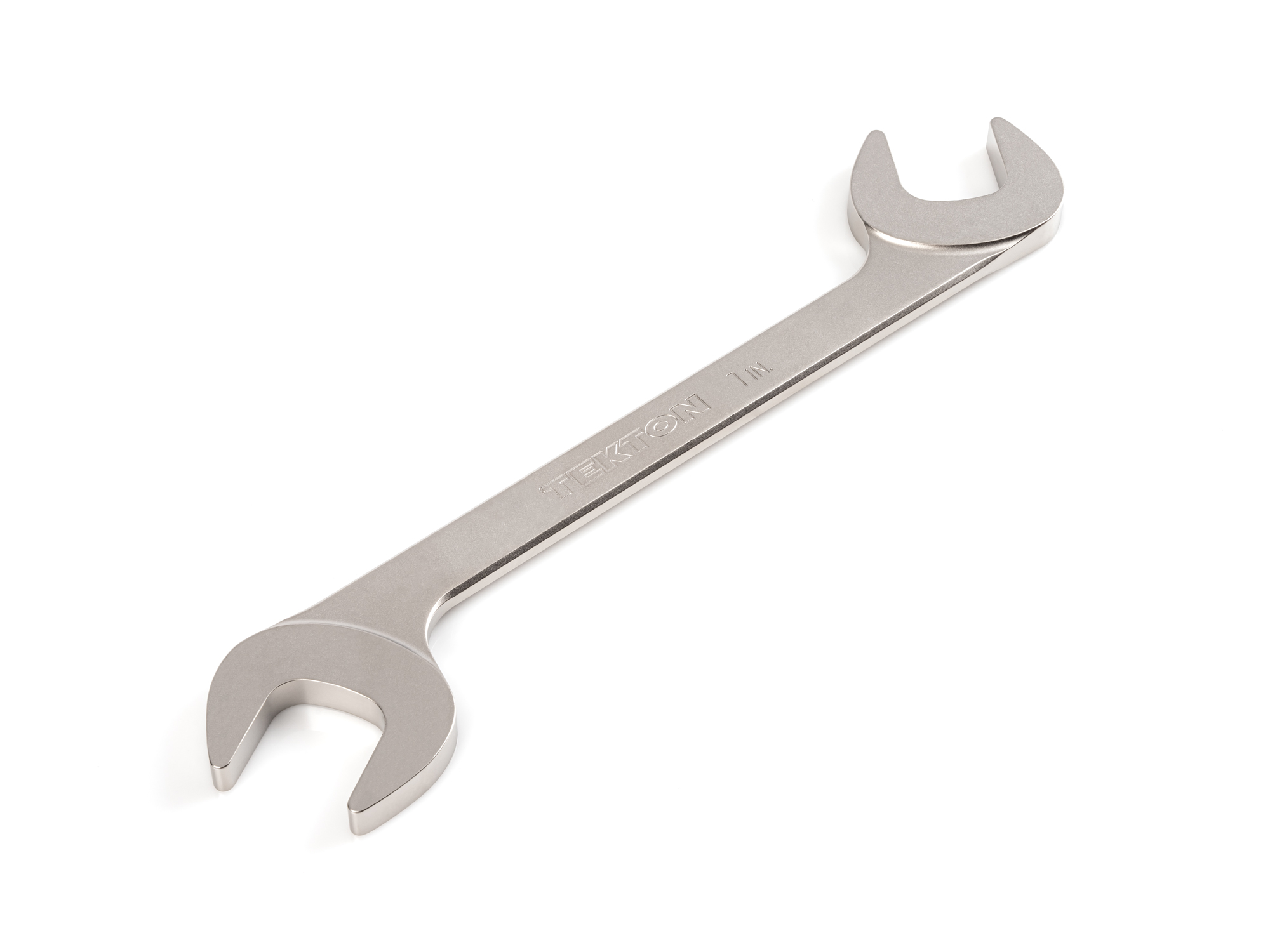 Size: 1 inch (SAE) angle head open end (four-way) wrench with 30º and 60º open ends and smooth, satin nickel finish. WAE83225.