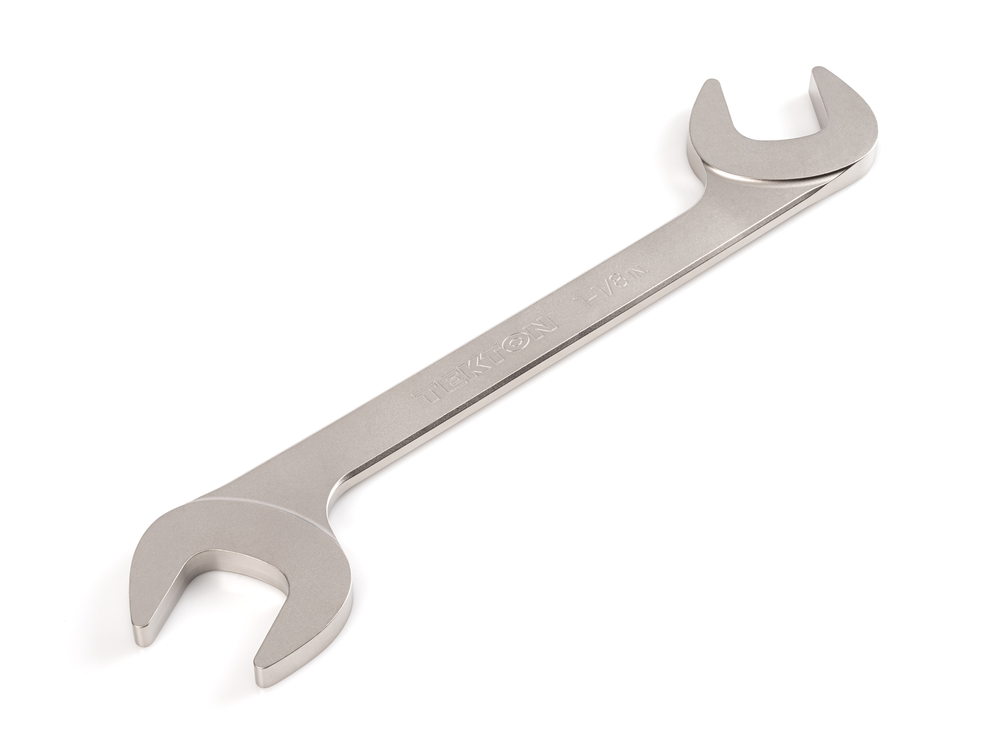 Size: 1-1/8 inch (SAE) angle head open end (four-way) wrench with 30º and 60º open ends and smooth, satin nickel finish. WAE83229.