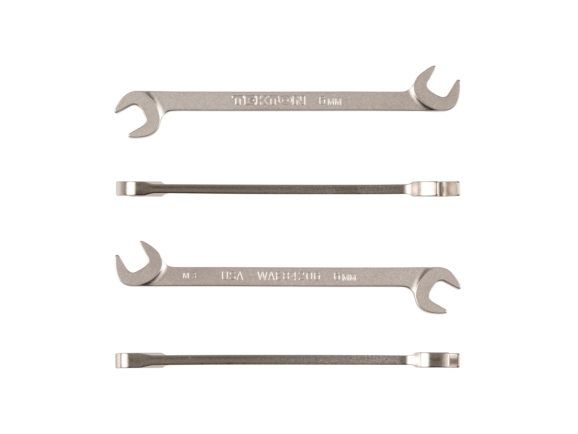 Size: 6 mm (metric) angle head open end (four-way) wrench with 30º and 60º open ends and smooth, satin nickel finish. WAE84206.