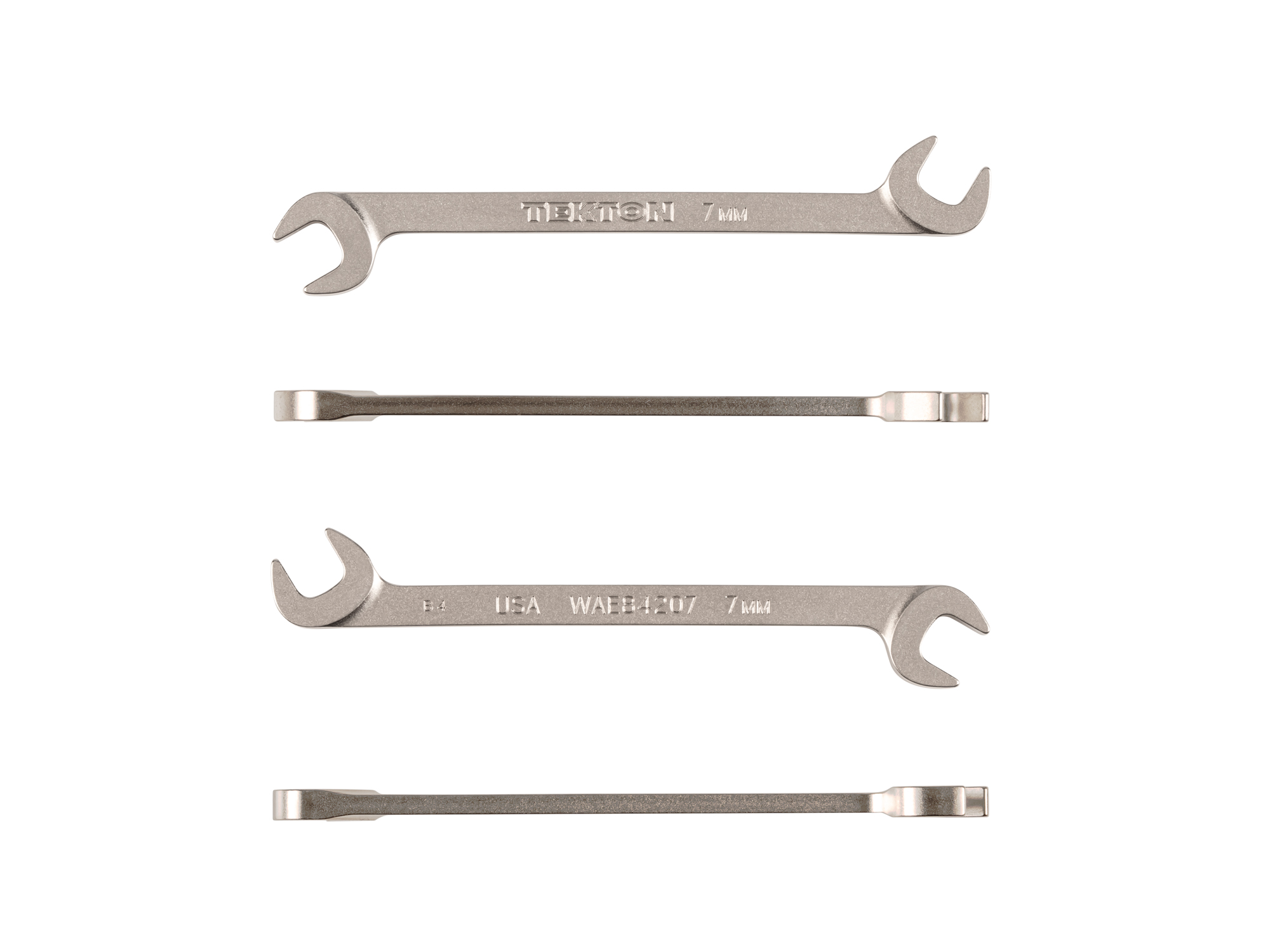 Size: 7 mm (metric) angle head open end (four-way) wrench with 30º and 60º open ends and smooth, satin nickel finish. WAE84207.