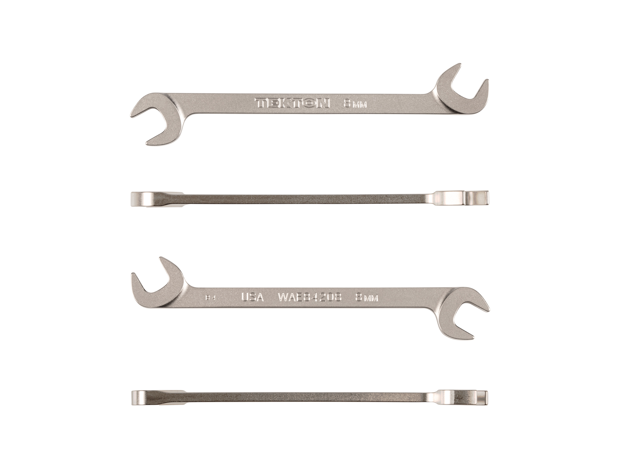 Size: 8 mm (metric) angle head open end (four-way) wrench with 30º and 60º open ends and smooth, satin nickel finish. WAE84208.