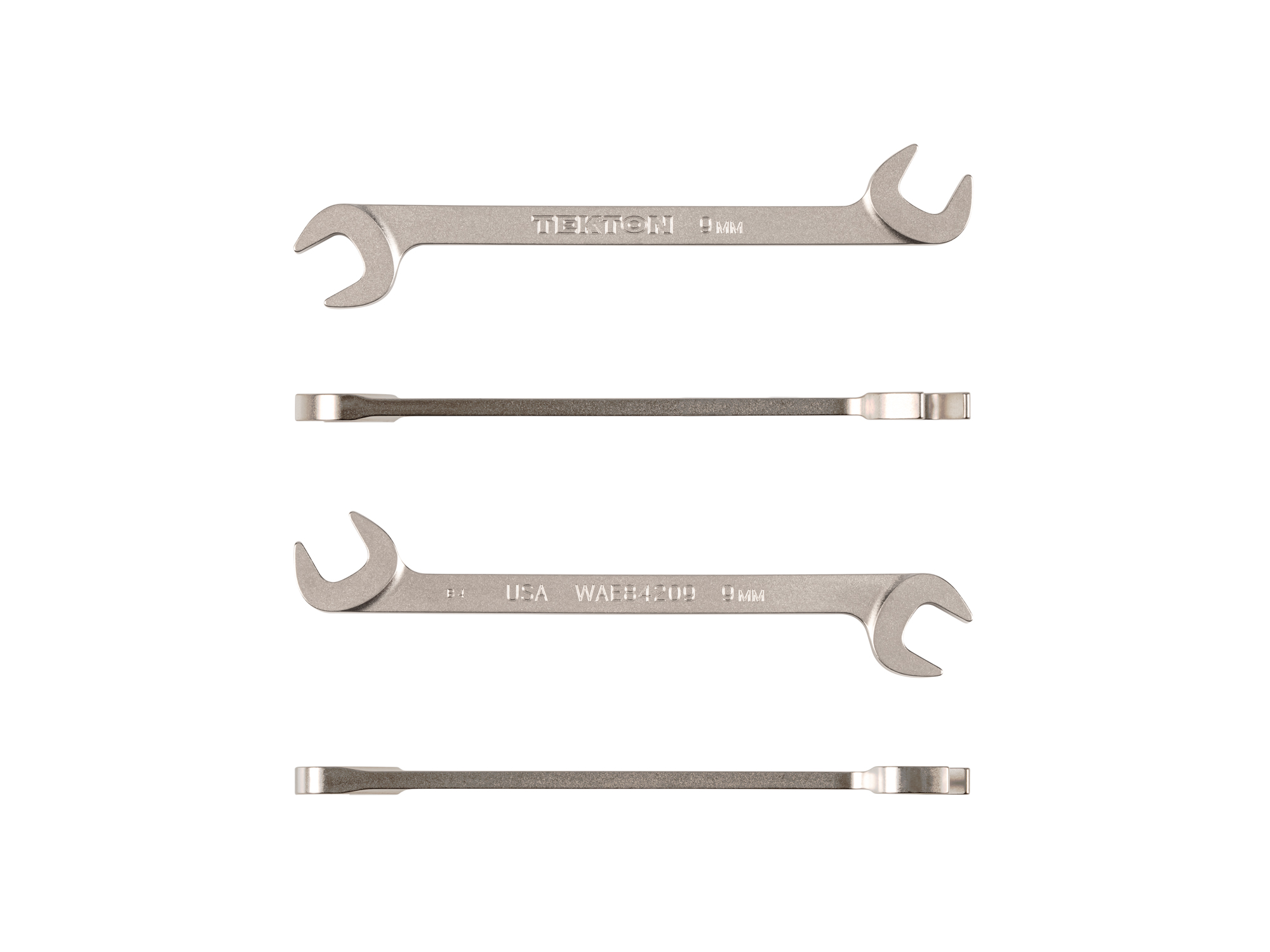 Size: 9 mm (metric) angle head open end (four-way) wrench with 30º and 60º open ends and smooth, satin nickel finish. WAE84209.